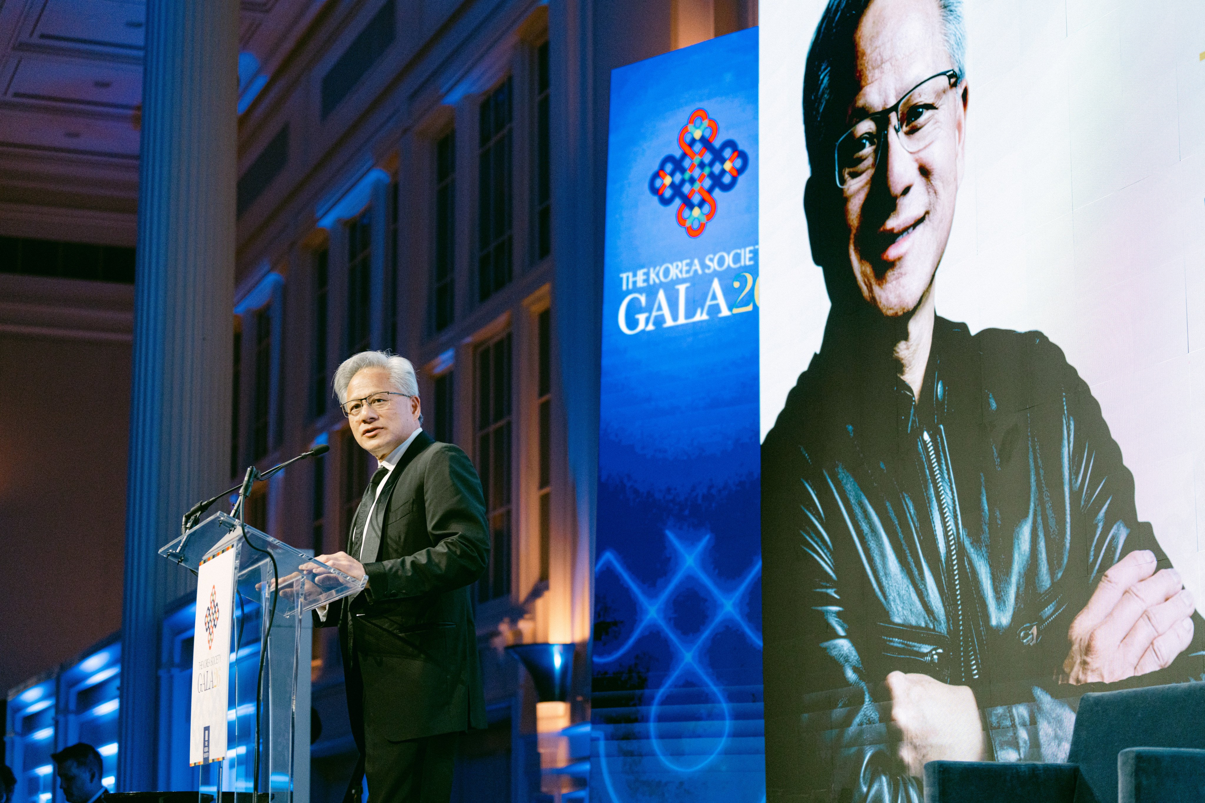 Jensen Huang, speaking at The Korea Society 2026 Annual Gala, says US-China “competitors are still able to collaborate” on AI and its risks. Photo: The Korea Society