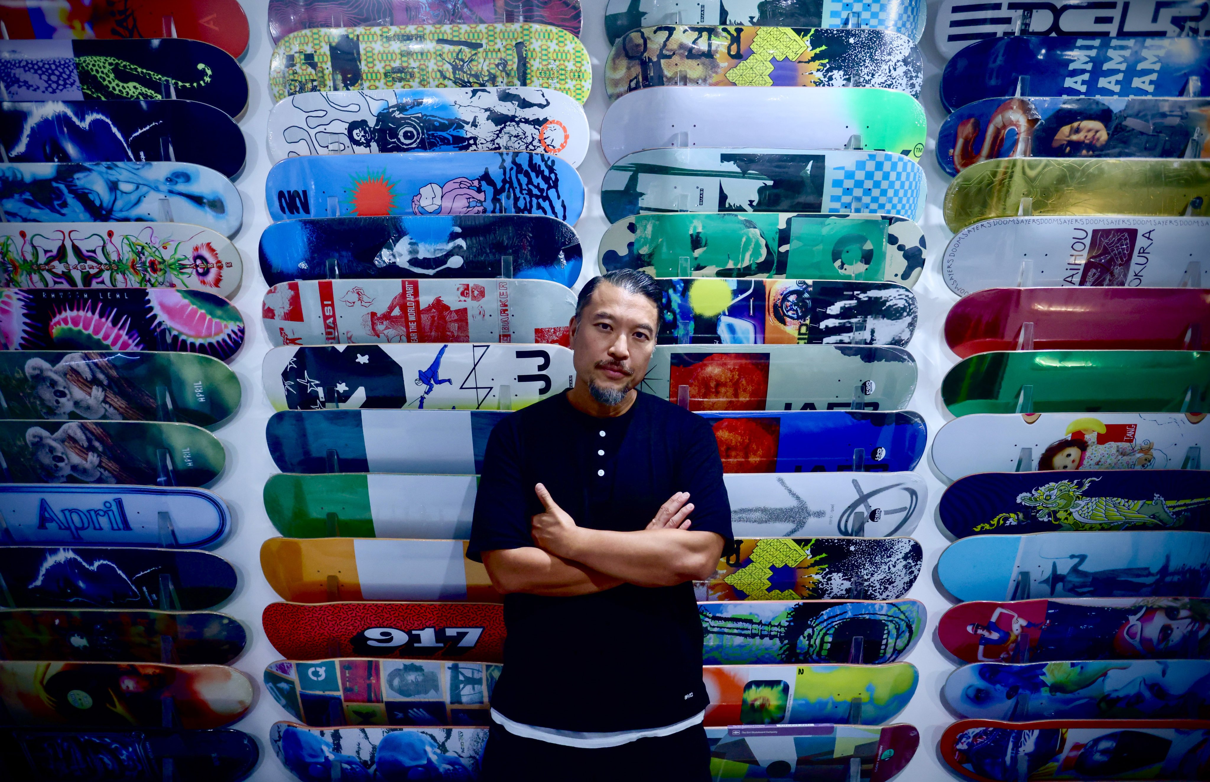 Julius Brian Siswojo at his skate shop 8Five2 in Hong Kong’s Causeway Bay neighbourhood. The hip hop artist, actor, skateboarder and entrepreneur talks about using skateboarding to roll away the pounds and how changing his diet helps him stay fit at 52. Photo: Jonathan Wong