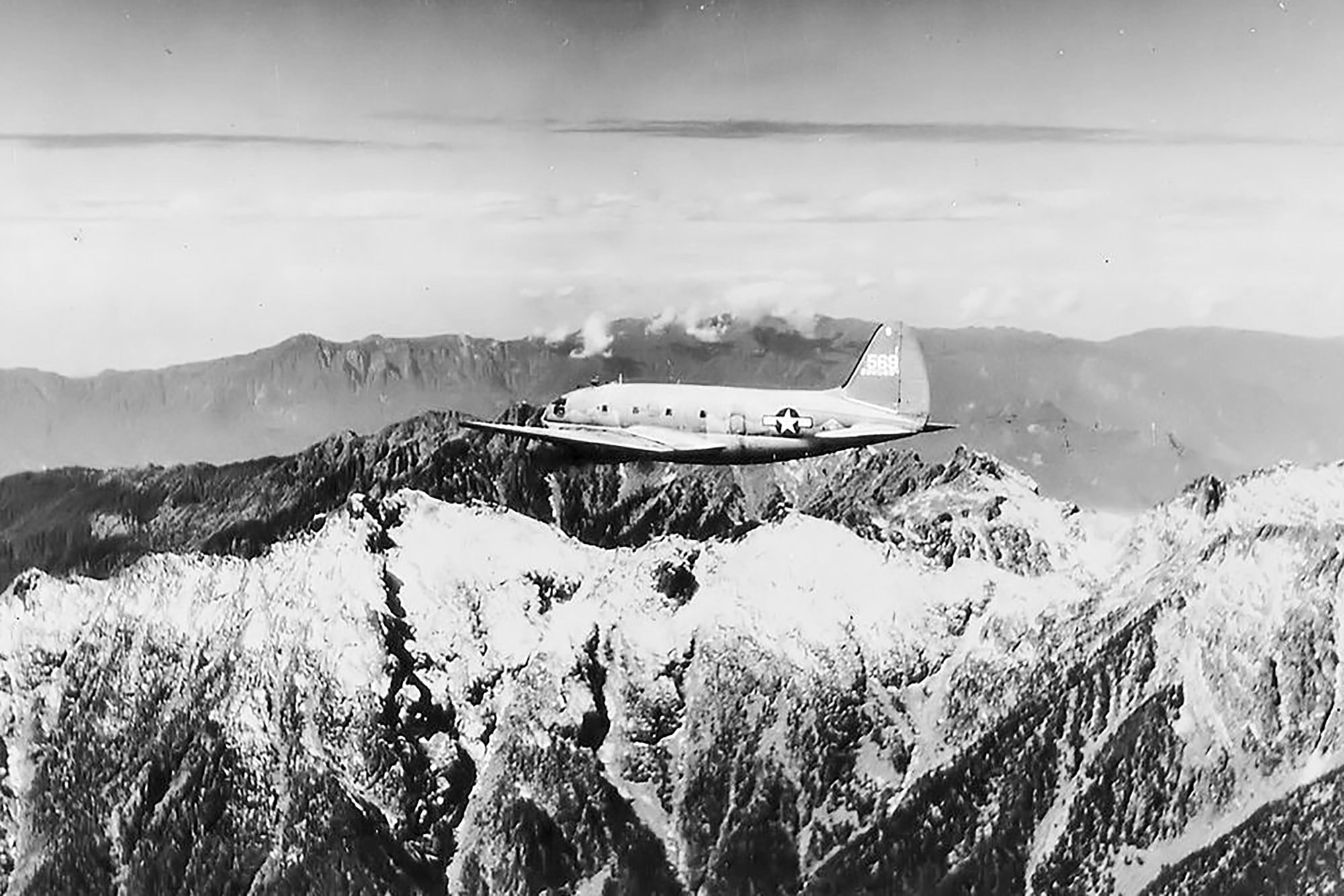 An Air Transport Command C-46 Commando flying “The Hump” over the Himalayas from what is today Myanmar to China in 1945. Photo: Wikipedia/United States Army Air Forces