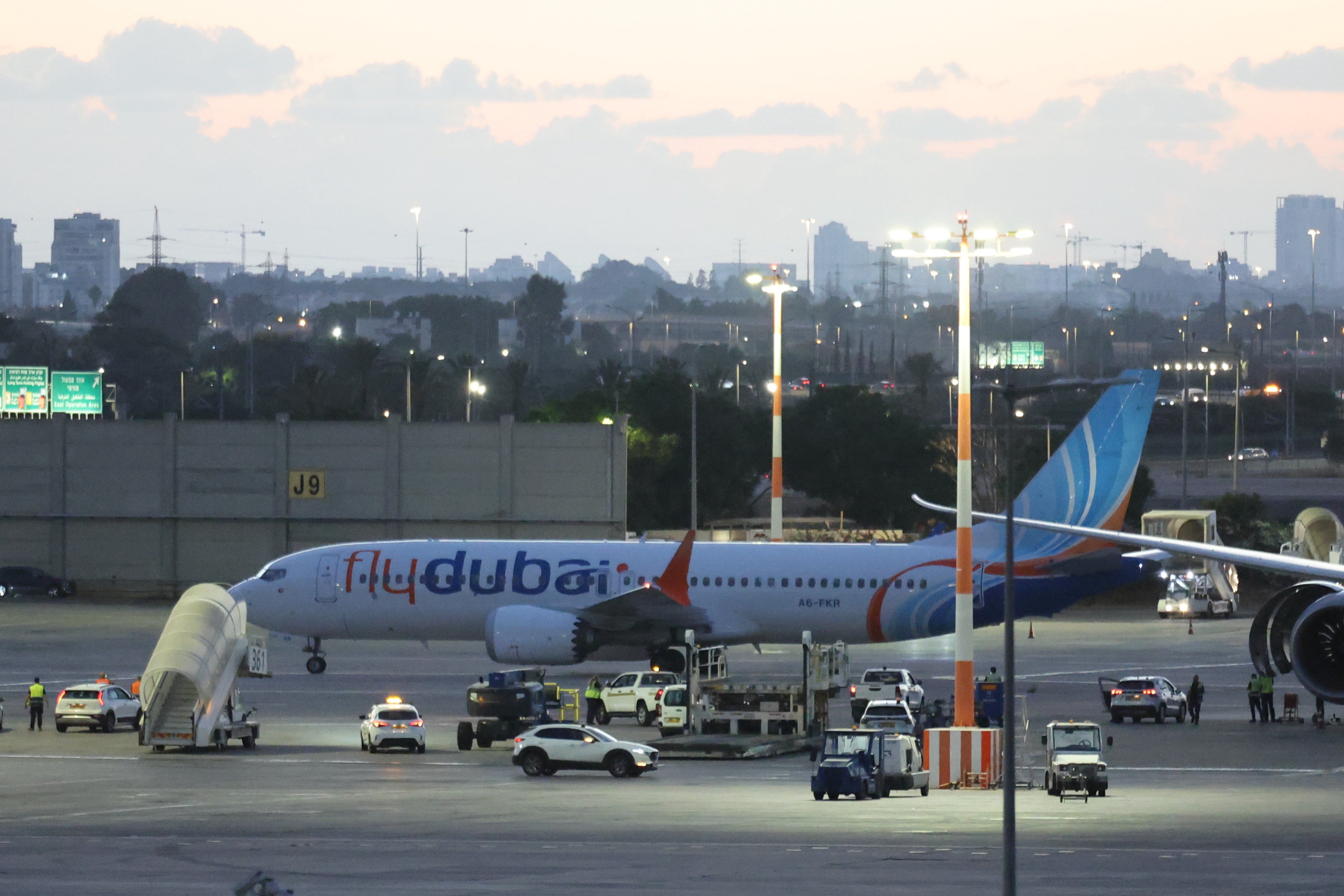The replacement flydubai flight at Tel Aviv’s Ben Gurion International Airport after bringing passengers home from Saudi Arabia. Photo: EPA