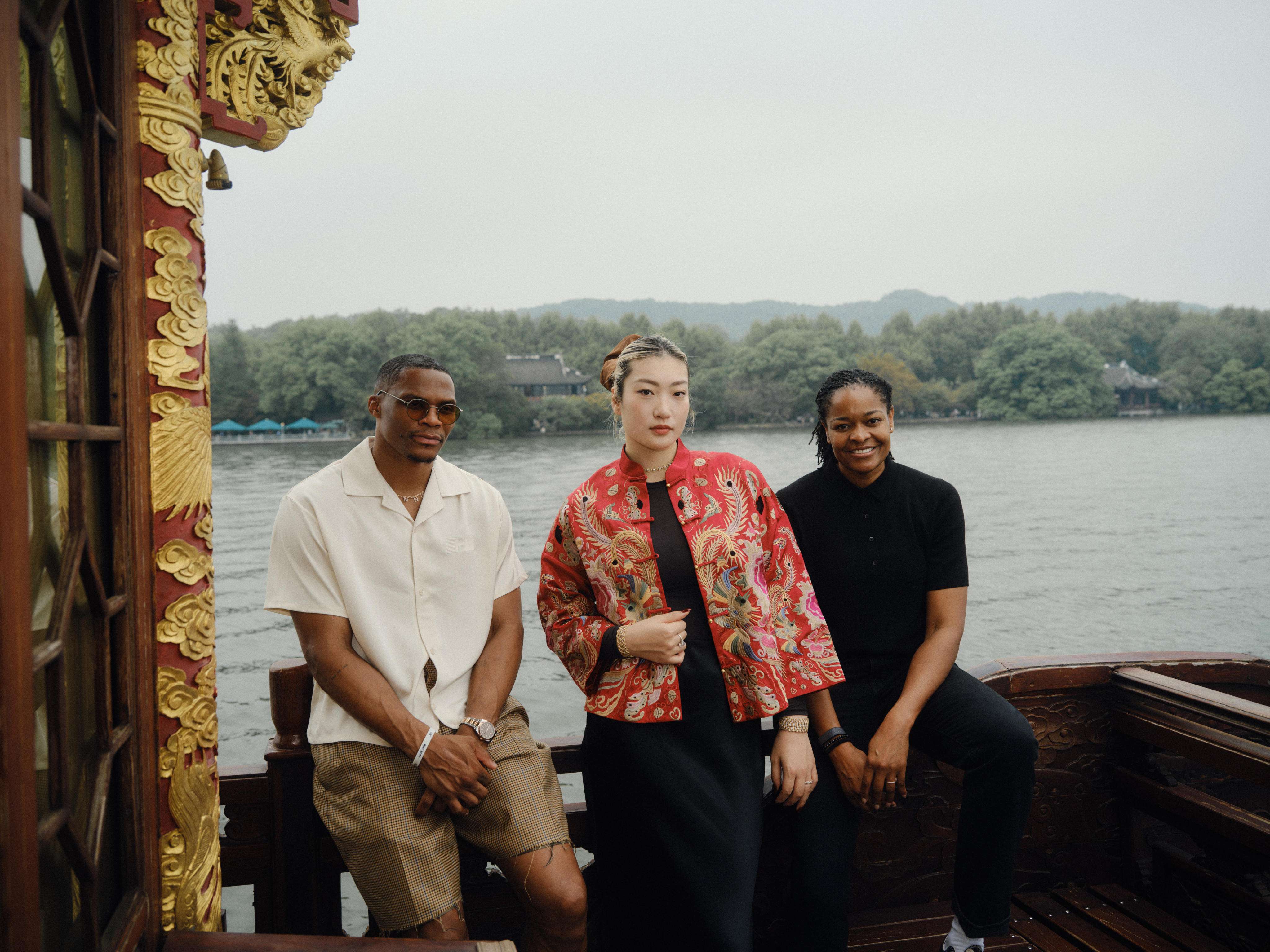 From left, ex-NBA player Russell Westbrook, Chinese basketball star Li Meng and WNBA player Shannon Bobbitt at the announcement of Project B’s first competition stop on Xi Hu. Photo: Handout