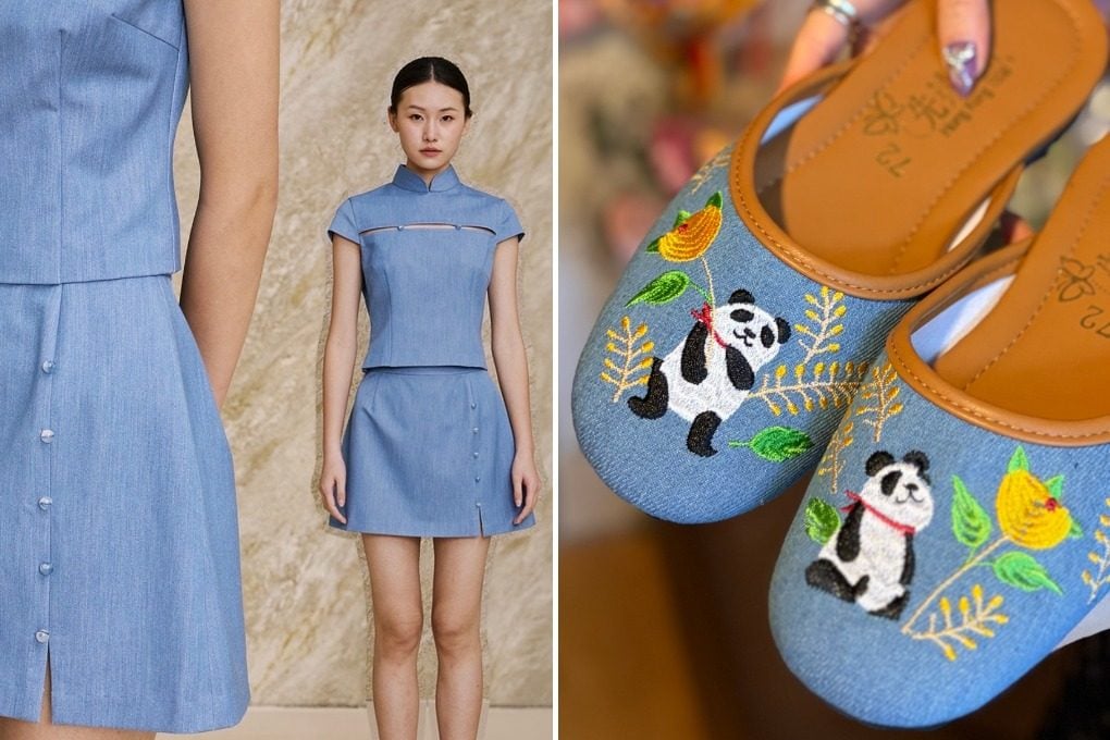 One of Qipology’s designs (left) and a pair of modern-style Panda slippers at Sindart. Photos: Instagram/qipology, Chloe Loung