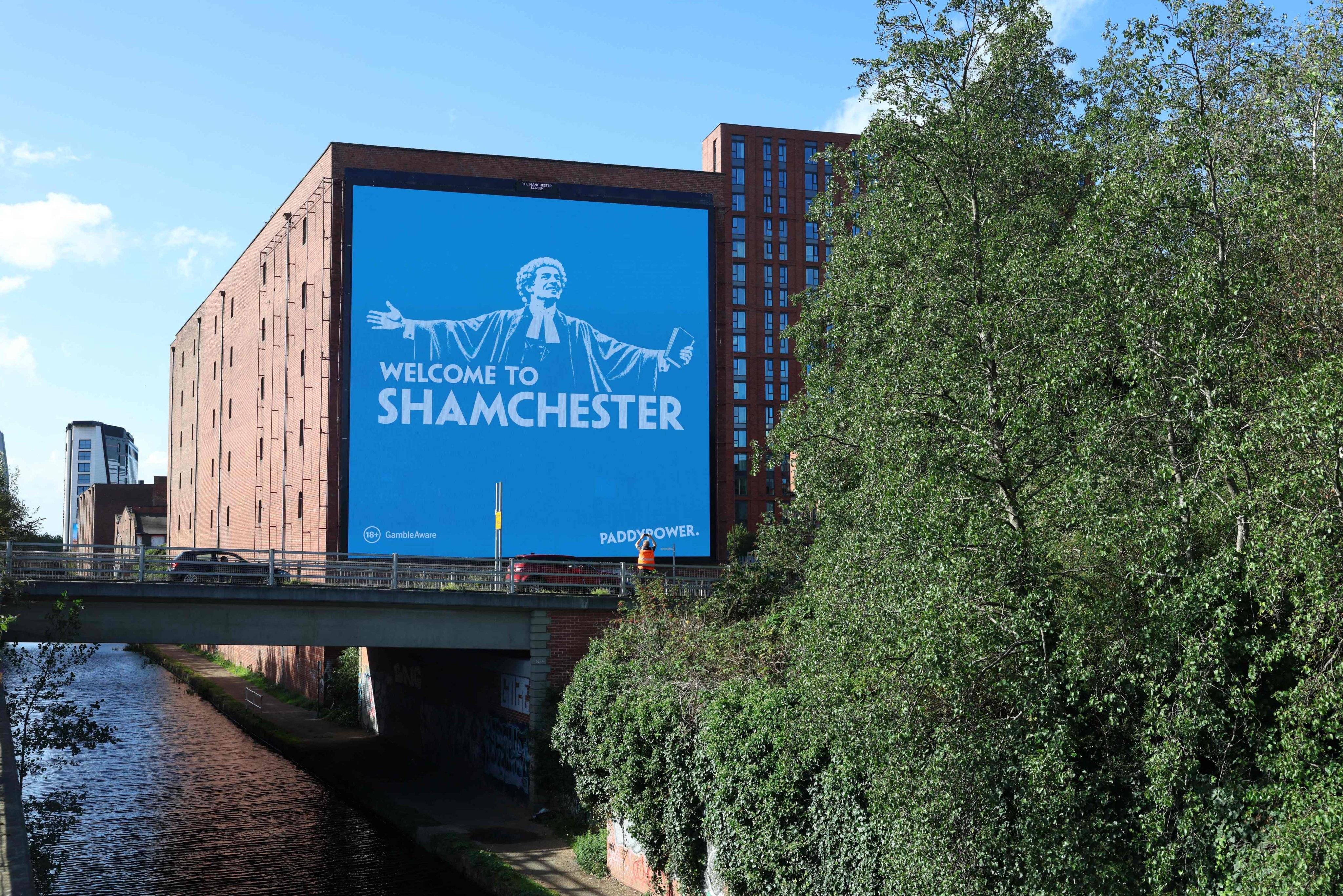 An advertisement for betting company Paddy Power is pictured in Manchester after the Premier League said Manchester City were guilty of serious breaches of financial rules. Photo: AFP
