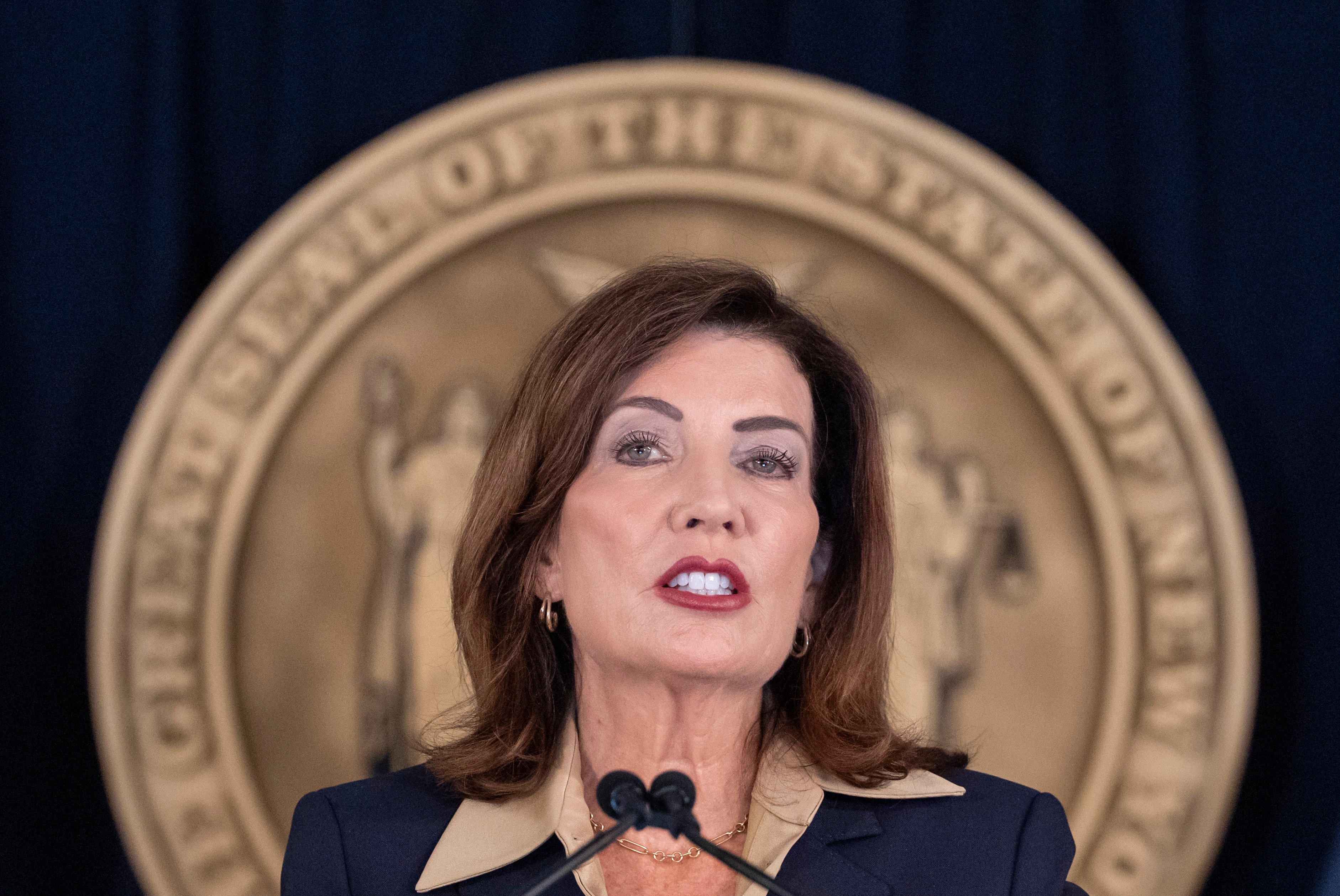 New York Governor Kathy Hochul speaks during a news conference on the Cornell investigation on Friday. Photo: AP