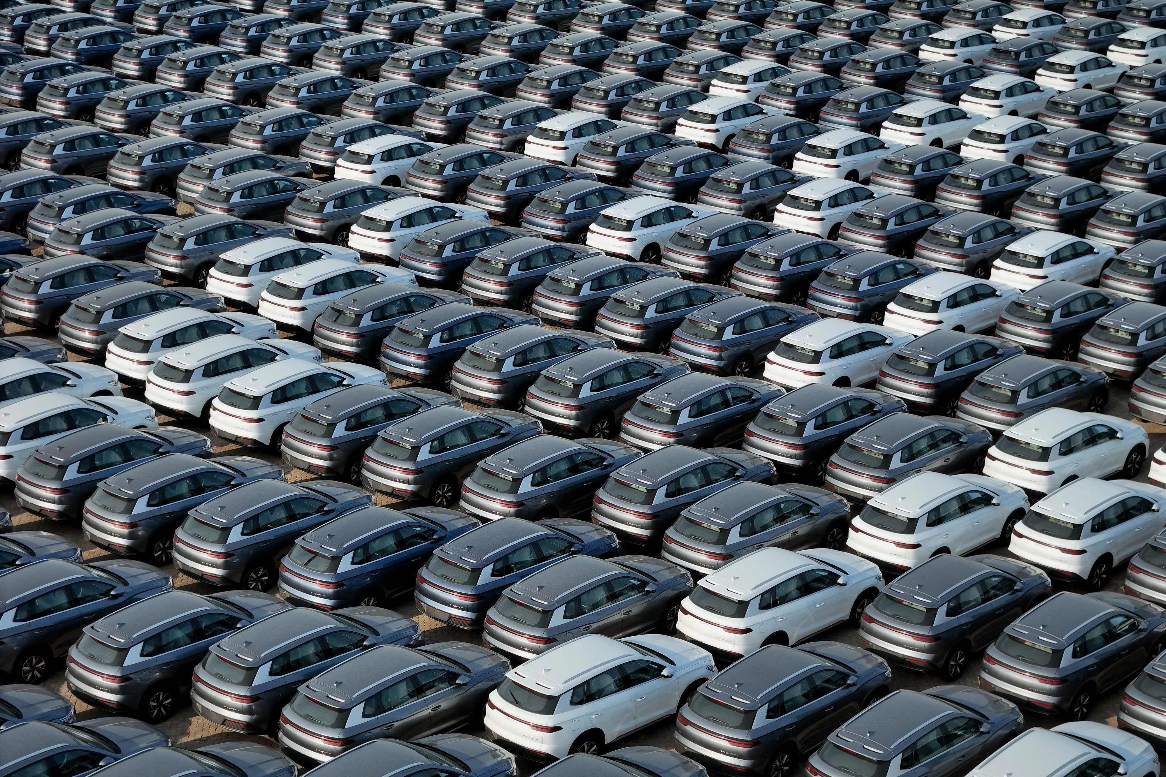 A photograph taken on April 18, 2024, shows BYD electric cars waiting to be loaded onto a ship at a port in Yantai, in eastern China’s Shandong province. Photo: AFP
