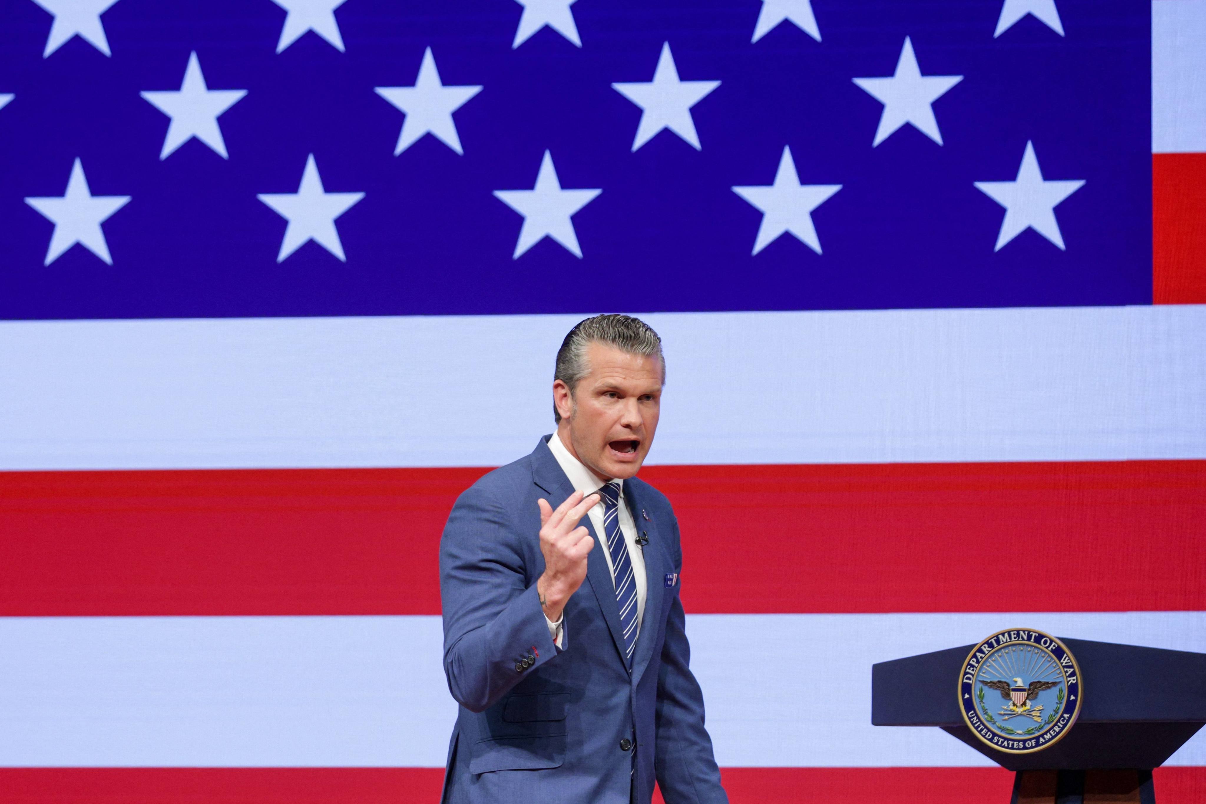 US Secretary of War Pete Hegseth gives a State of the Force address at Marine Corps Base Quantico on September 30 in Virginia. Special guests included Anduril Industries co-founder Palmer Luckey. Photo: Getty Images via AFP