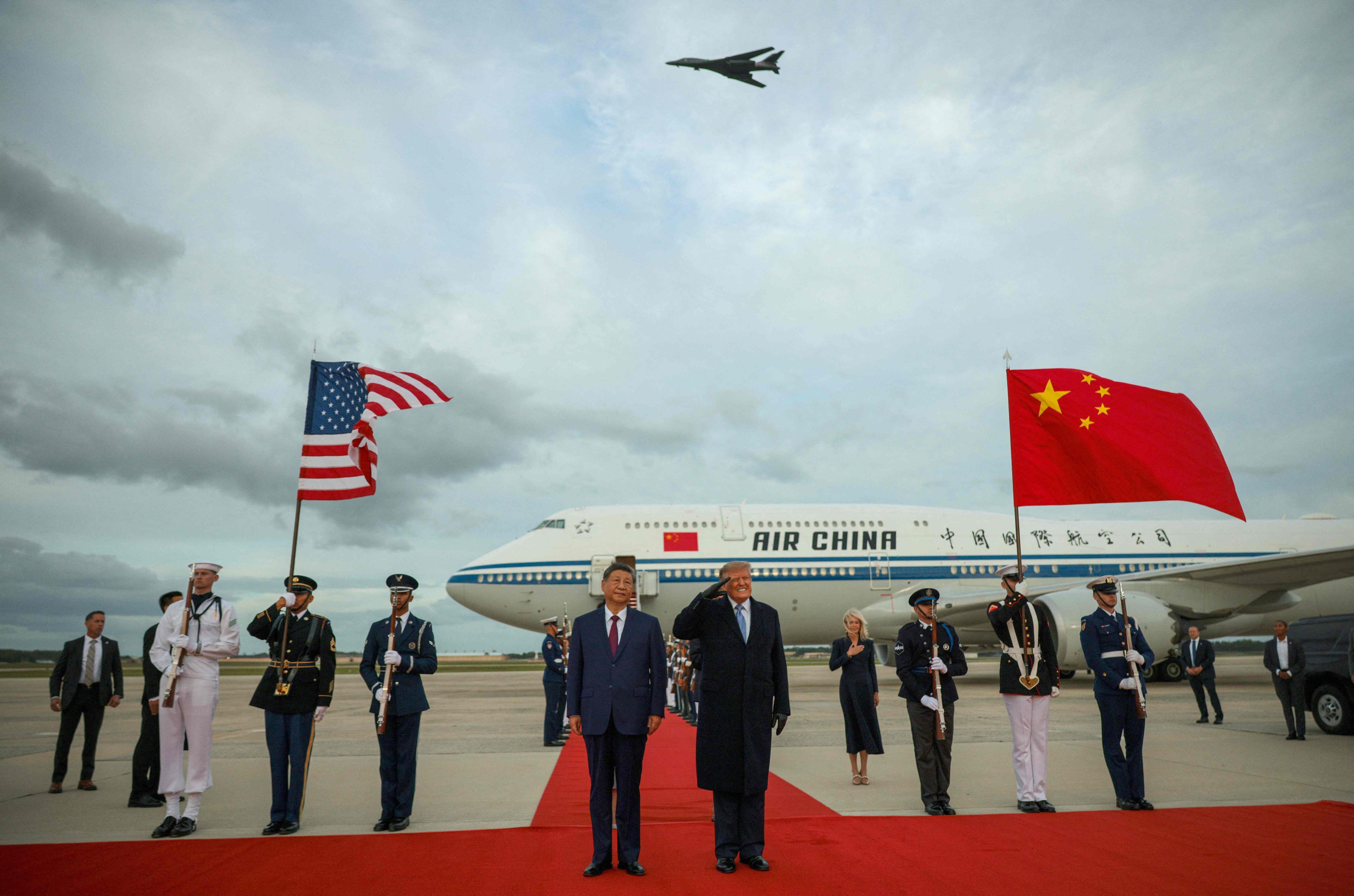 Xi Jinping is welcomed by Donald Trump at Joint Base Andrews after arriving for his first state visit to the United States in more than a decade on September 23. Photo: Getty Images via AFP