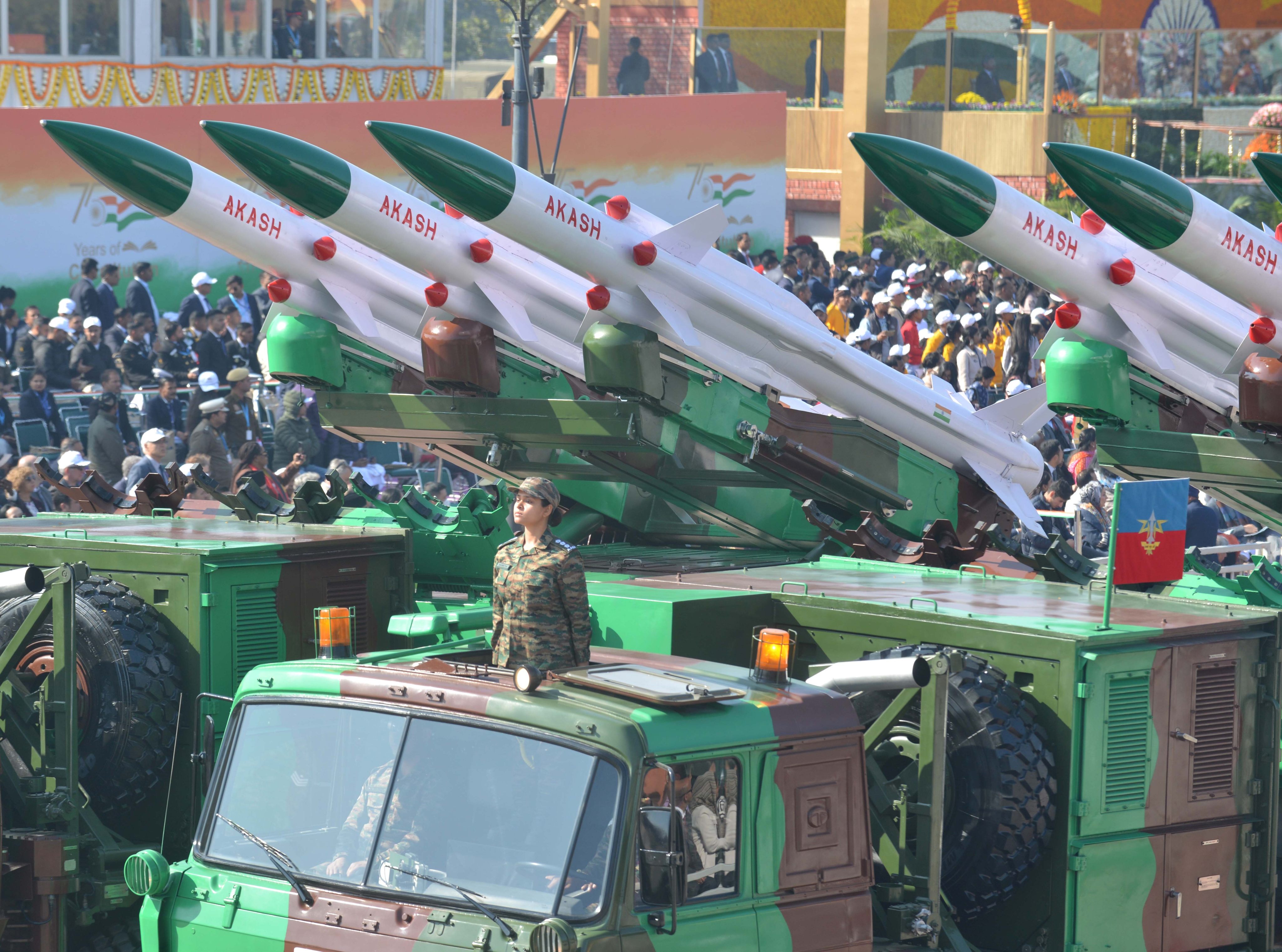 Akash missile systems are seen at India’s 76th Republic Day parade in New Delhi last year. Photo: Anadolu/Getty Images/AFP