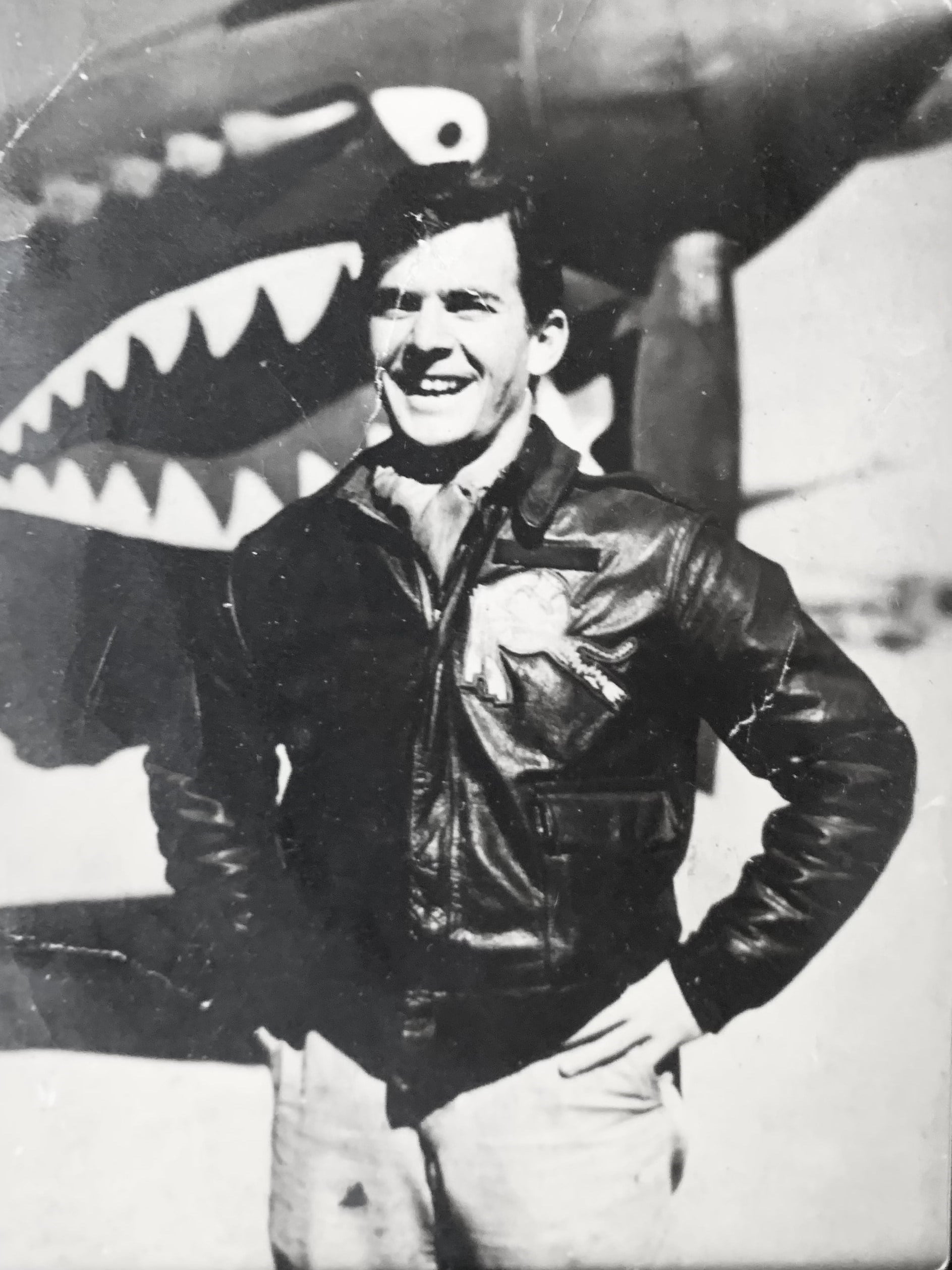 US Army Air Forces First Lieutenant Morton Sher, a 76th Fighter Squadron pilot, poses in front of his P-40 Warhawk in China. Photo: US Department of Defense US Army Air Forces First Lieutenant Morton Sher, a 76th Fighter Squadron pilot, poses in front of his P-40 Warhawk in China. Photo: US Department of Defense