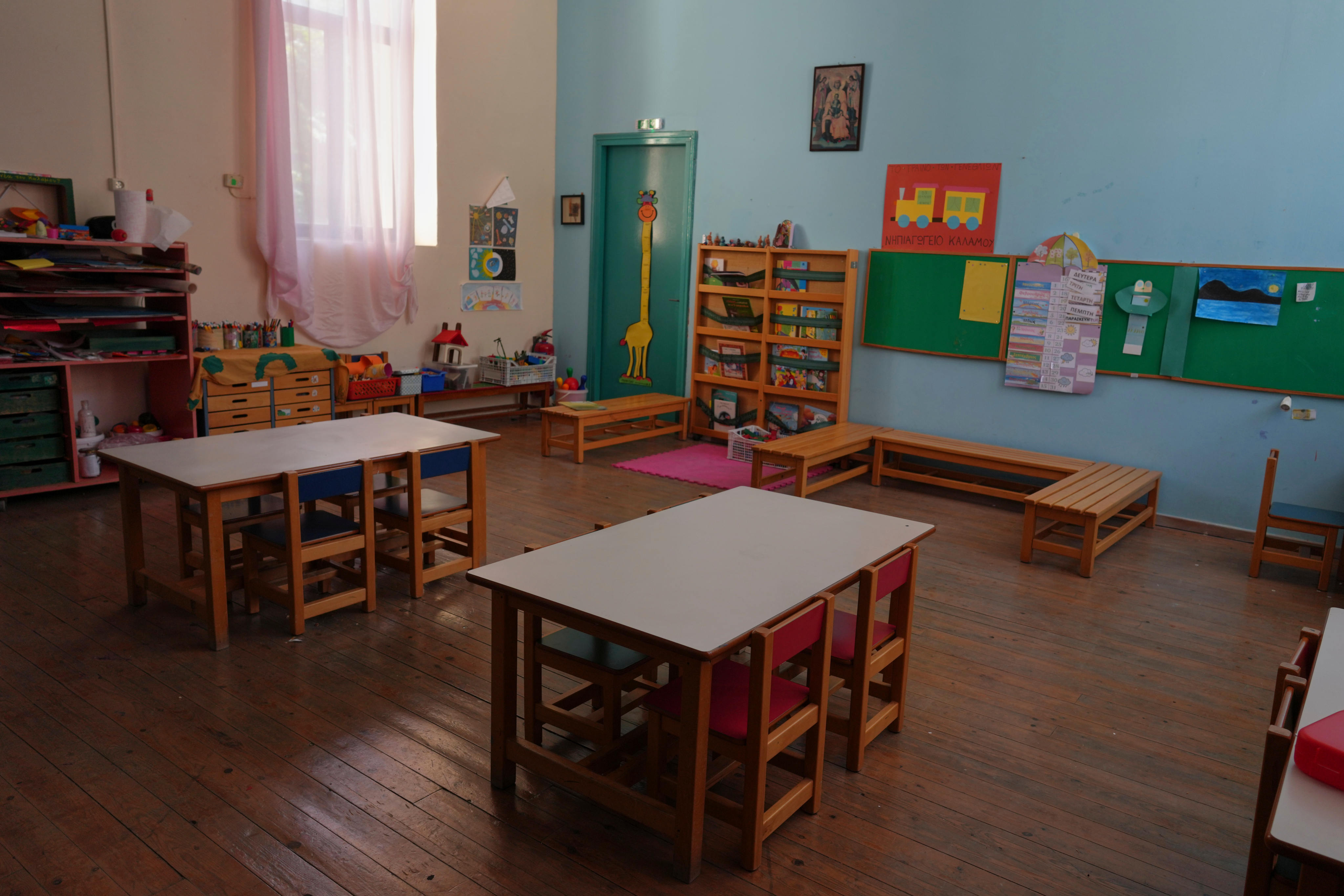 An empty classroom is seen at a kindergarten that has remained closed for a second consecutive school year because of a lack of students on the island of Kalamos in the Ionian Sea, western Greece, on September 23. Photo: AP