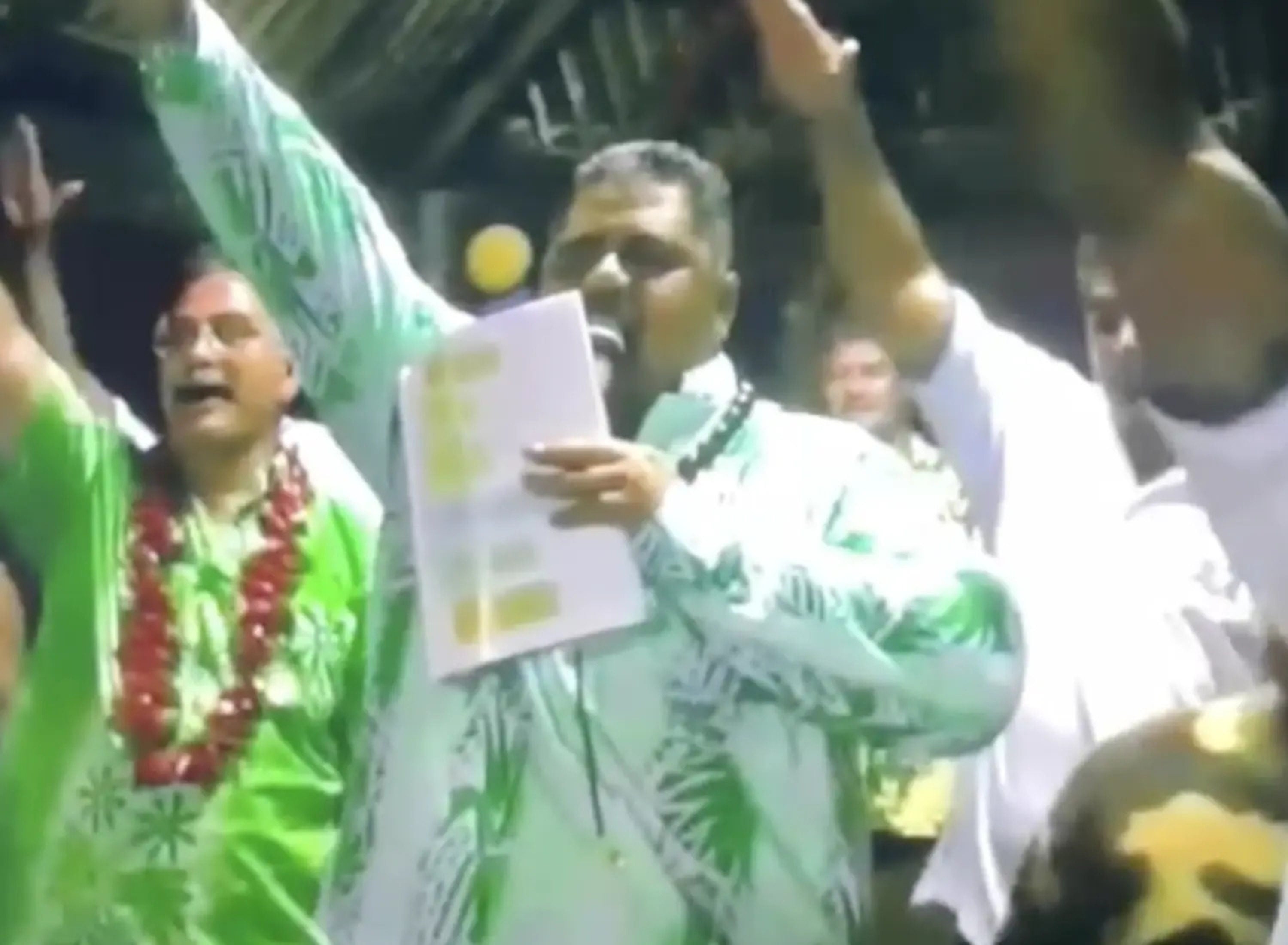 A screengrab from a viral video shows Samoan Prime Minister La’auli Leuatea Schmidt giving a Nazi salute. Photo: Handout
