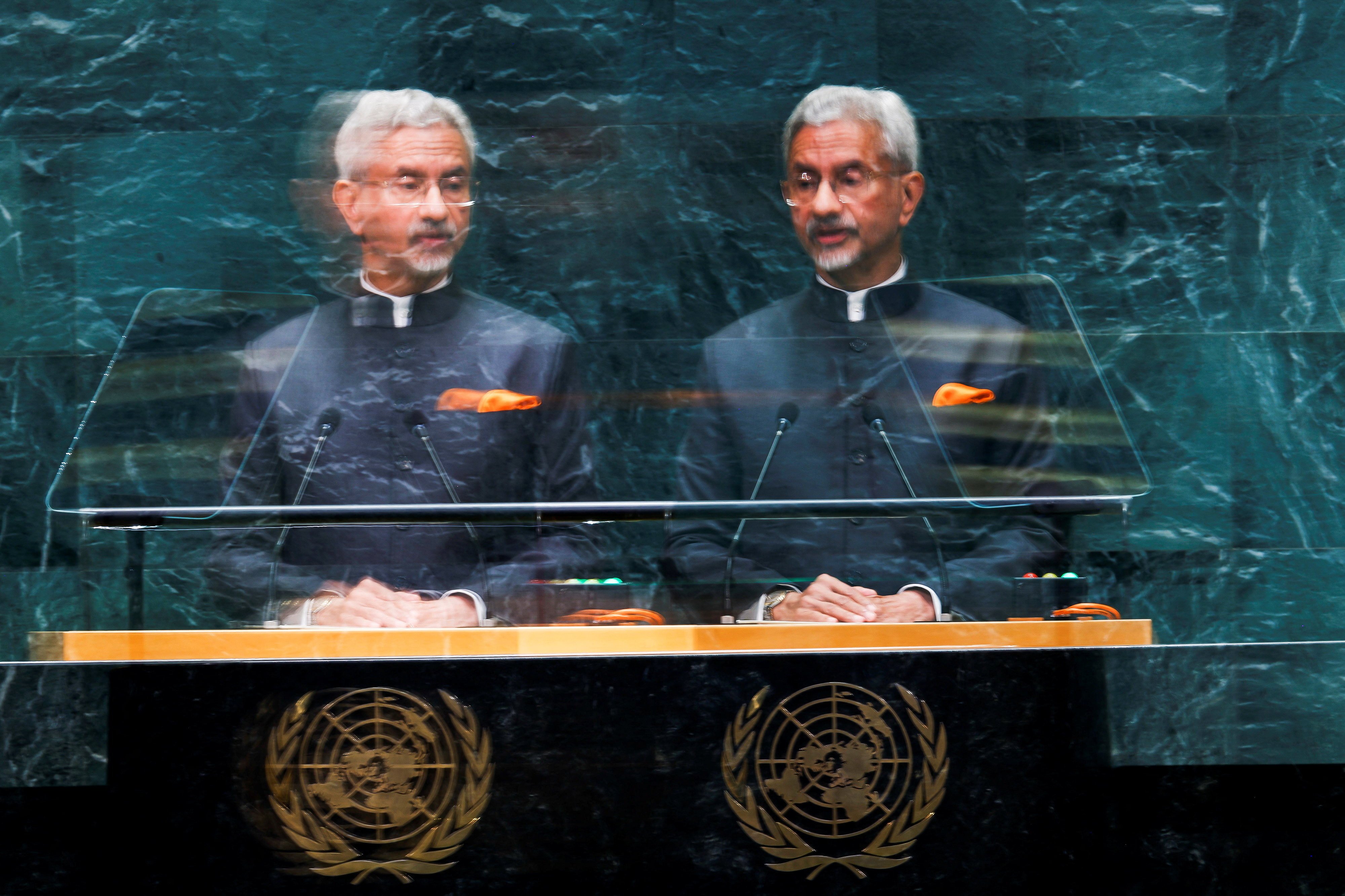 Indian Minister of External Affairs S. Jaishankar addresses the United Nations General Assembly in New York City on September 26. Photo: Reuters