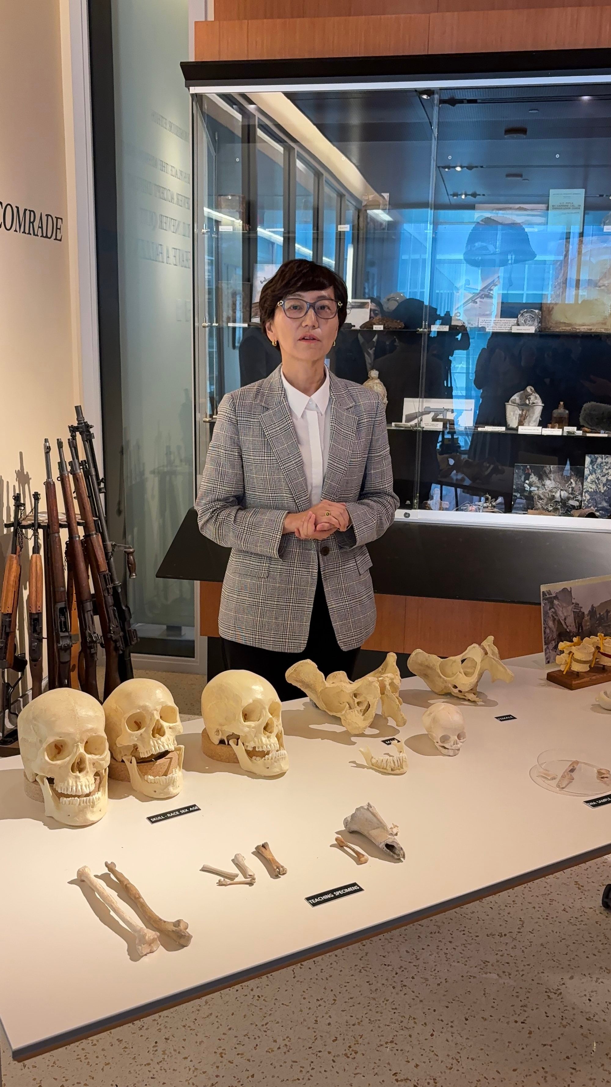 Dr Jennie Jin, a scientist at the Defense POW/MIA Accounting Agency, explains how skeletal analysis helps identify missing US servicemen, using teaching specimens at the agency’s laboratory in Hawaii. Photo: Teresa Frontado Dr Jennie Jin, a scientist at the Defense POW/MIA Accounting Agency, explains how skeletal analysis helps identify missing US servicemen, using teaching specimens at the agency’s laboratory in Hawaii. Photo: Teresa Frontado