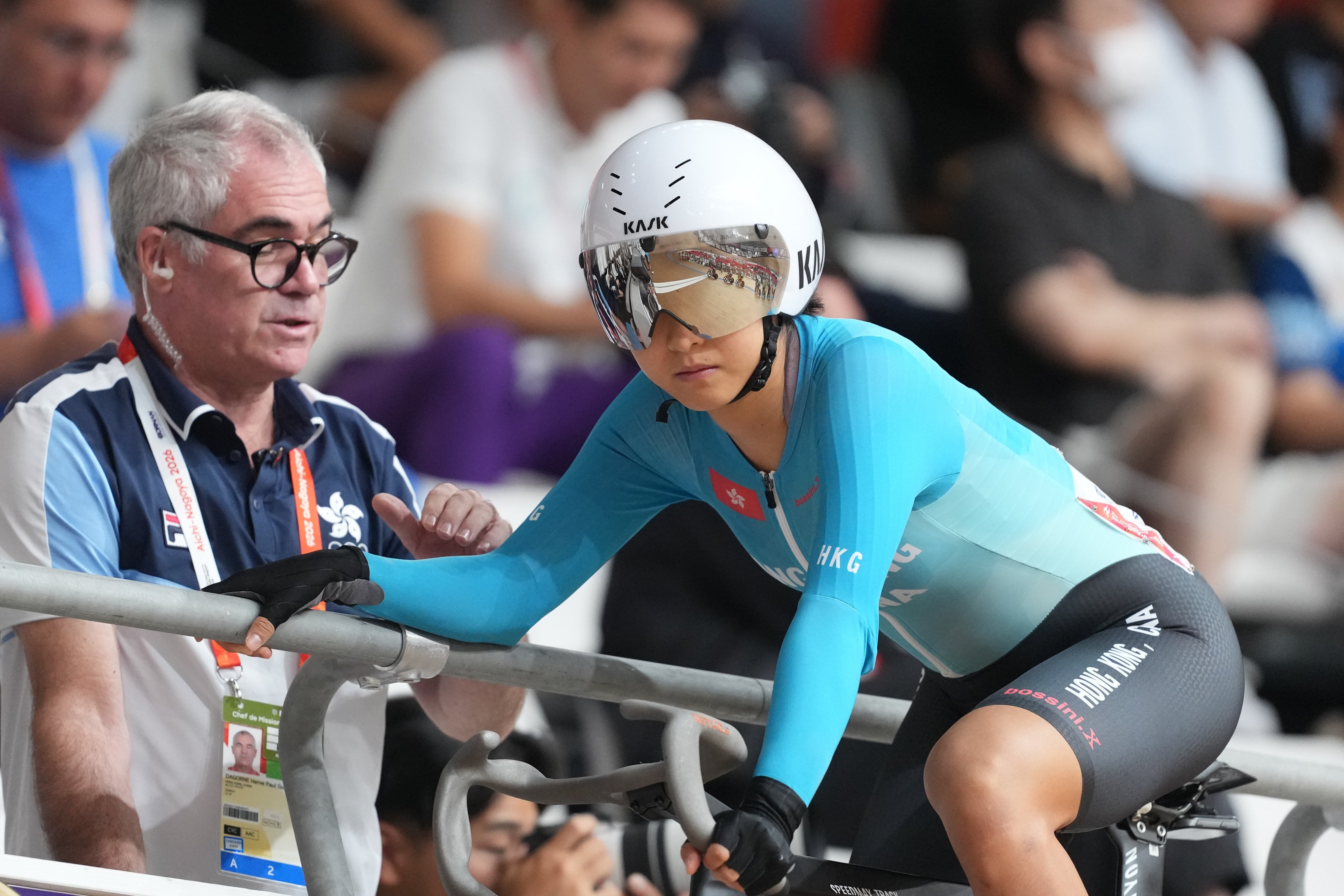 Herve Dagorne with Ceci Lee ahead of the Asian Games omnium tempo race that the Hongkonger won. Photo: Sam Tsang