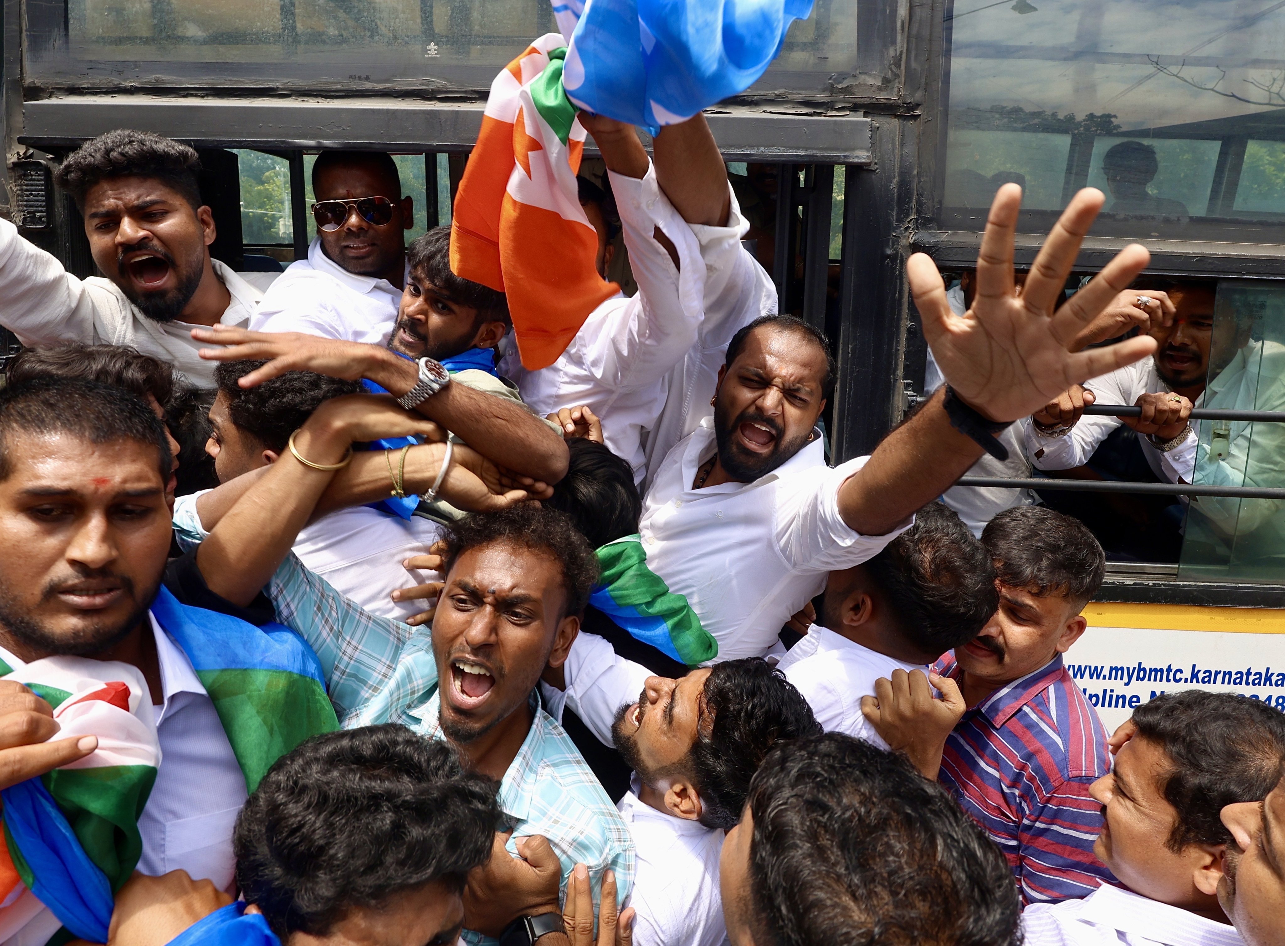 Indian police personnel detain members of the National Students’ Union of India during a protest at Freedom Park in Bangalore, India, on Tuesday. Photo: EPA