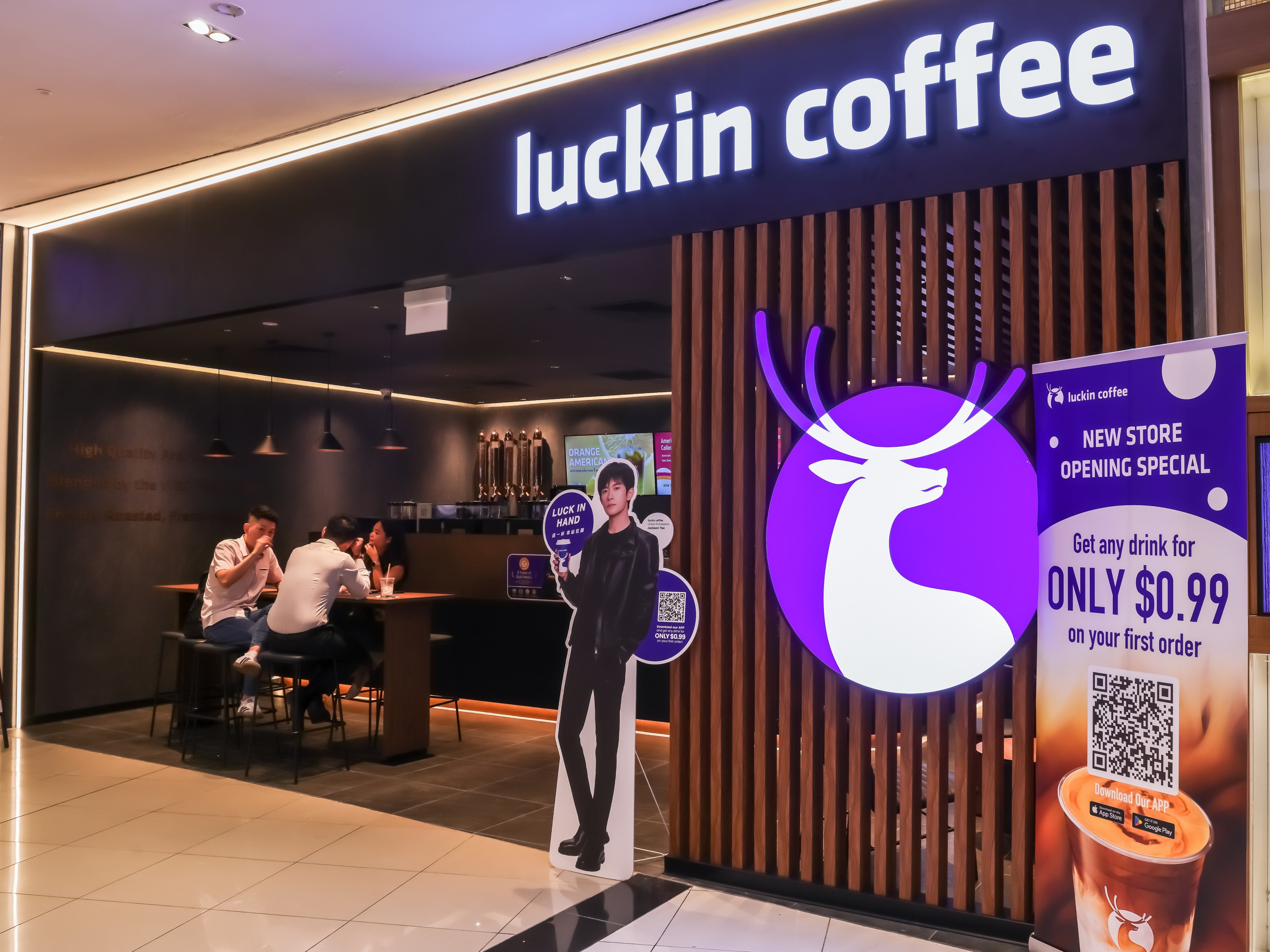 A Luckin coffee store in Singapore in January 2024. The Chinese coffee chain has expanded rapidly across Southeast Asia, opening its 100th store in Singapore in September. Photo: Shutterstock
