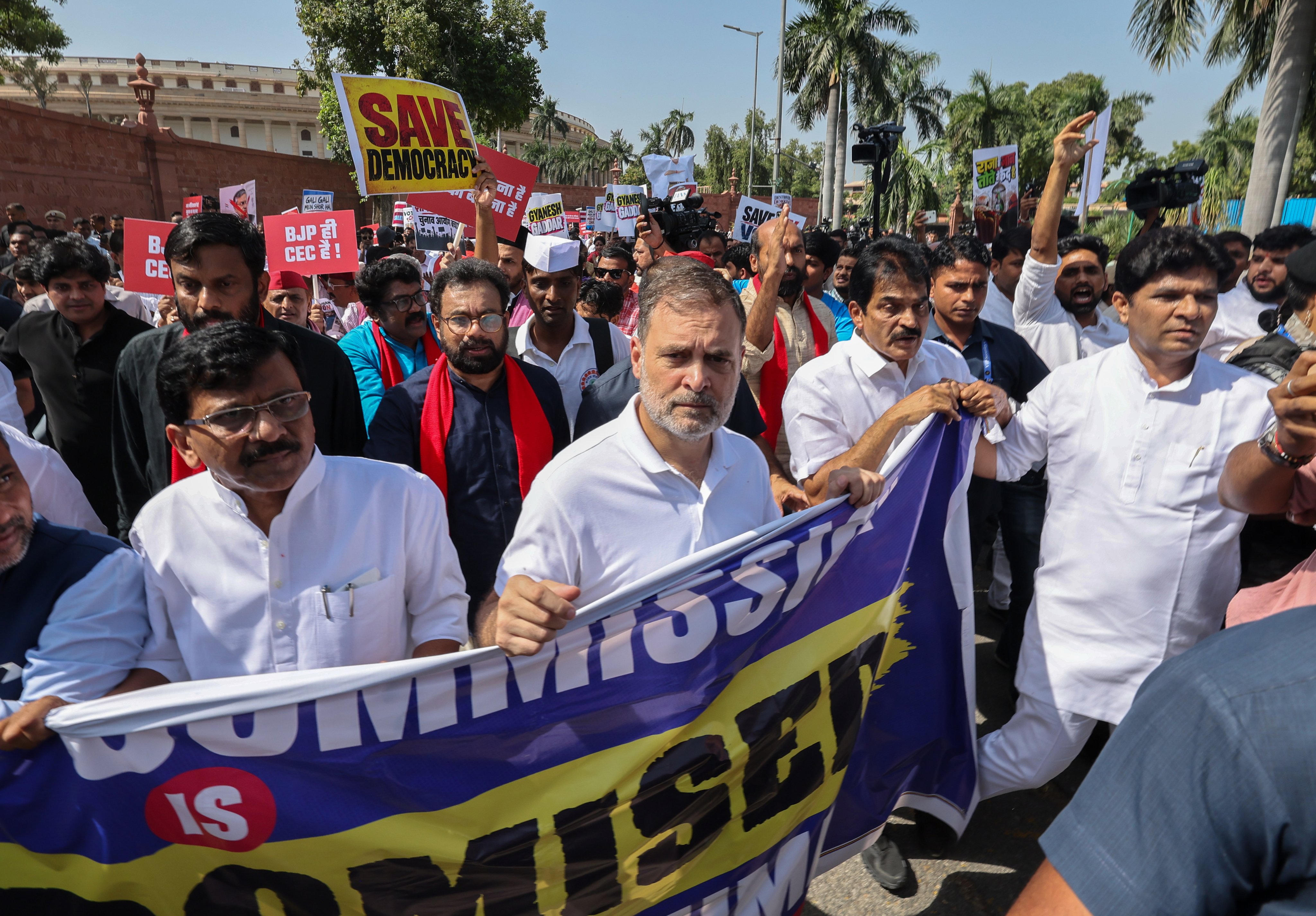 Indian Congress leader Rahul Gandhi (centre) and other Indian National Developmental Inclusive Alliance bloc members of parliament, during a protest march demand the resignation of election chief Gyanesh Kumar, in New Delhi on Tuesday. Photo: EPA