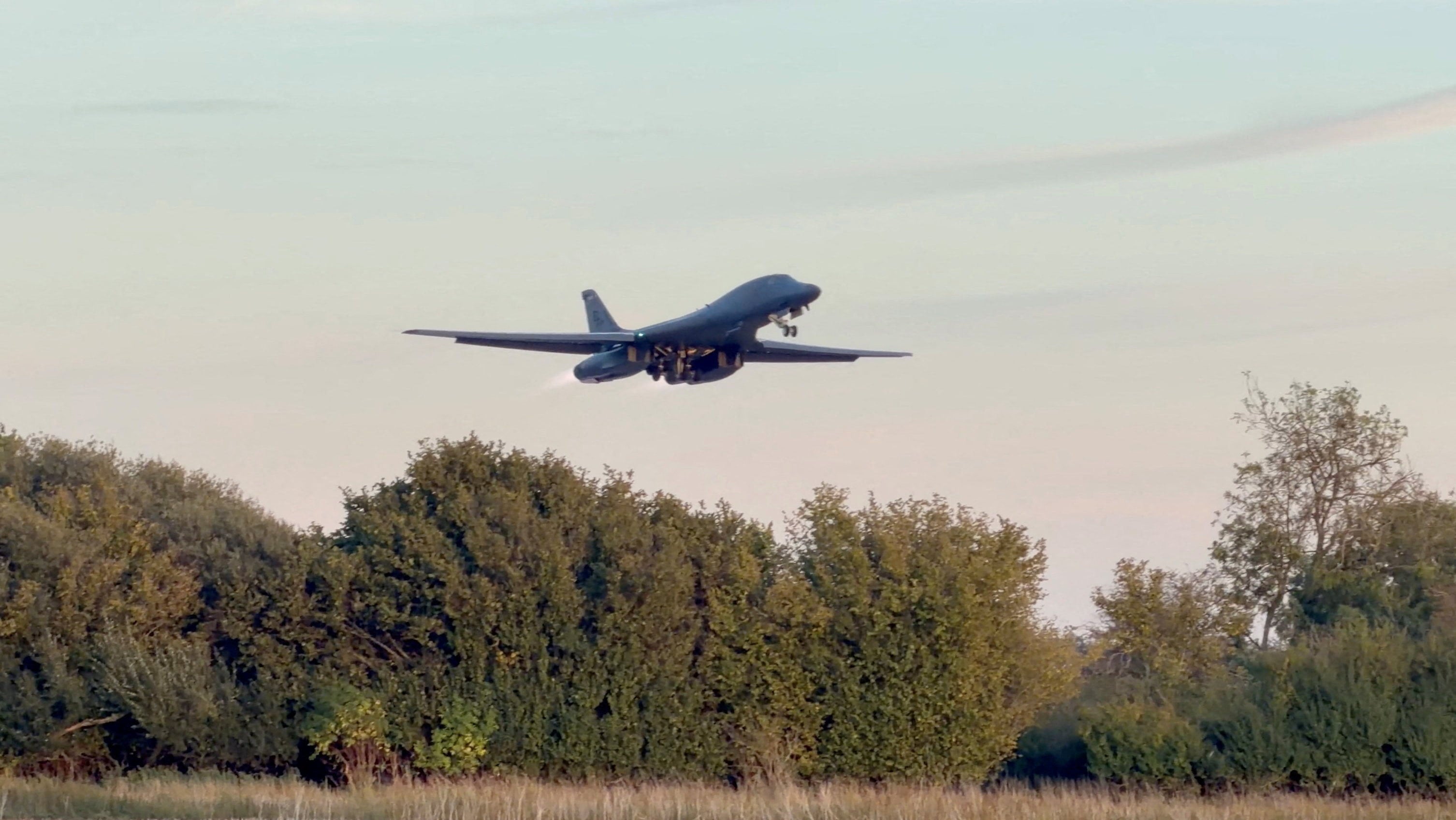 A B-1 bomber takes off from RAF Fairford airbase, as the US removes its B-1 bombers, in a screengrab obtained from a social media video in Fairford, Gloucestershire, Britain on Sunday. Photo: @CraigYoungMedia via X / via Reuters