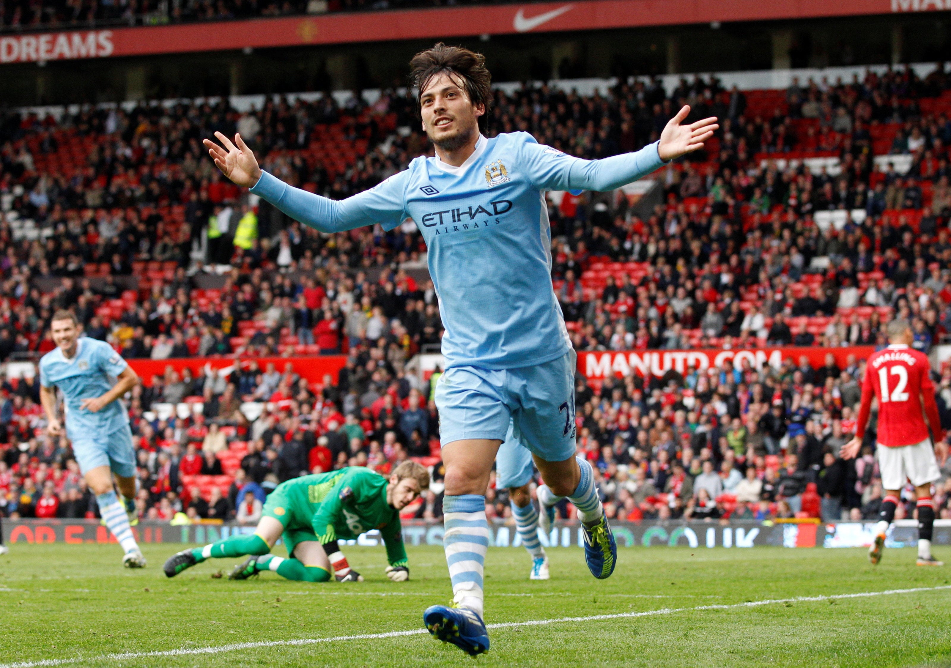 David Silva celebrates scoring in the Manchester derby back in 2011. Photo: Reuters