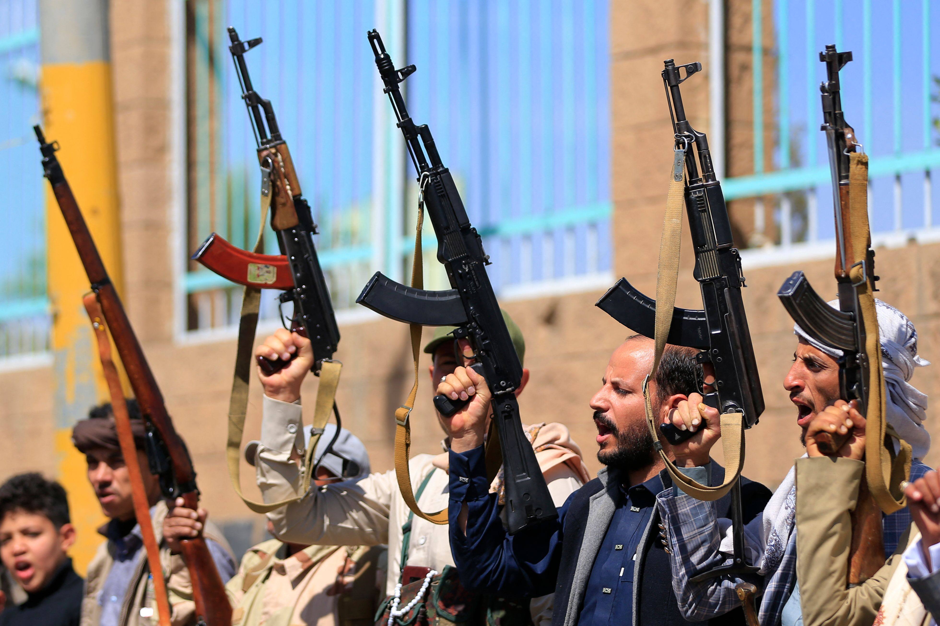 Fighters loyal to the Houthi authorities take part in a rally to recruit more fighters, in Sanaa on Wednesday. Photo: AFP