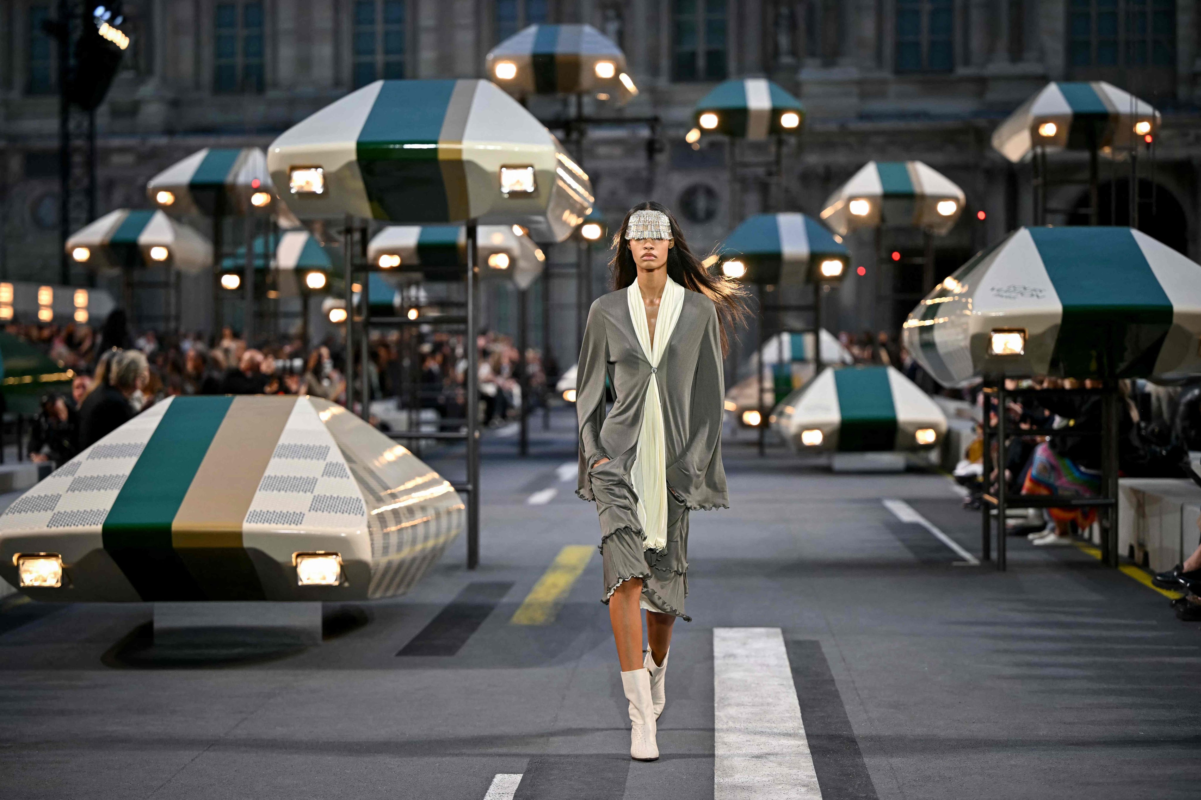 Louis Vuitton’s futuristic set in the Louvre's courtyard for its spring/summer 2027 show on the final day of Paris Fashion Week. Photo: AFP