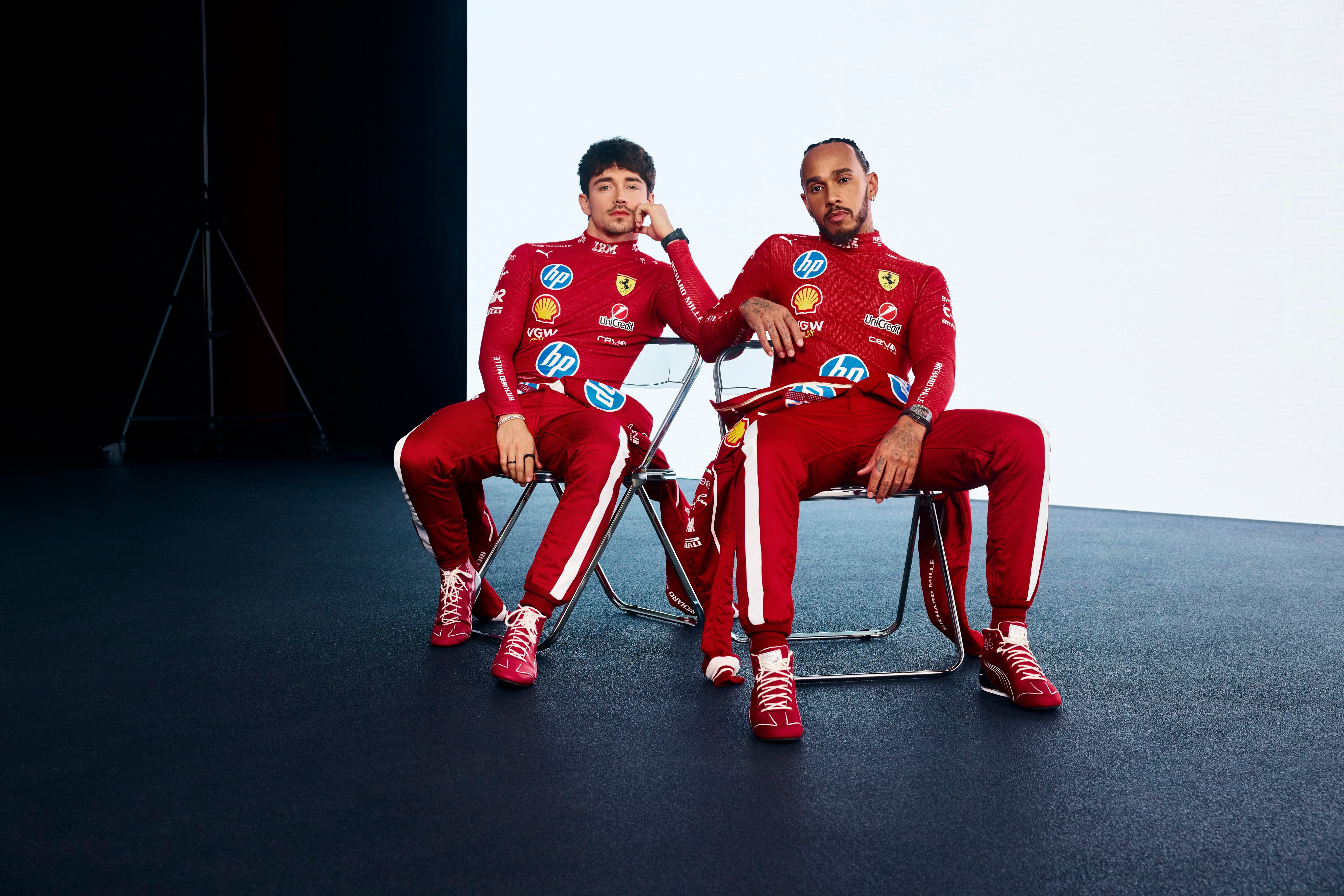 Ferrari drivers Charles Leclerc (left) and Lewis Hamilton sporting the Richard Mille RM 43-01 Tourbillon watch. Photo: Handout