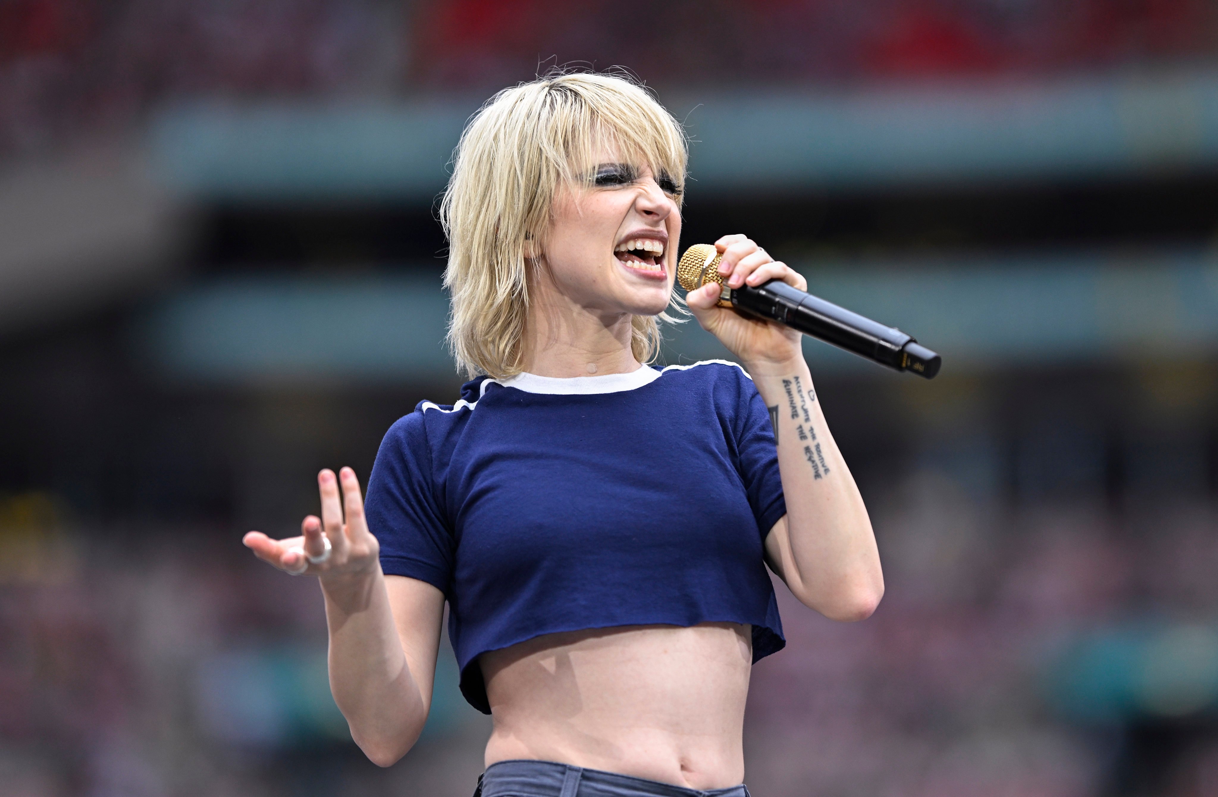 Hayley Williams onstage during Taylor Swift’s The Eras Tour at Wembley Stadium in London in 2024. Williams has been announced as a headline act for Clockenflap 2026. Photo: Gareth Cattermole/TAS24/Getty Images