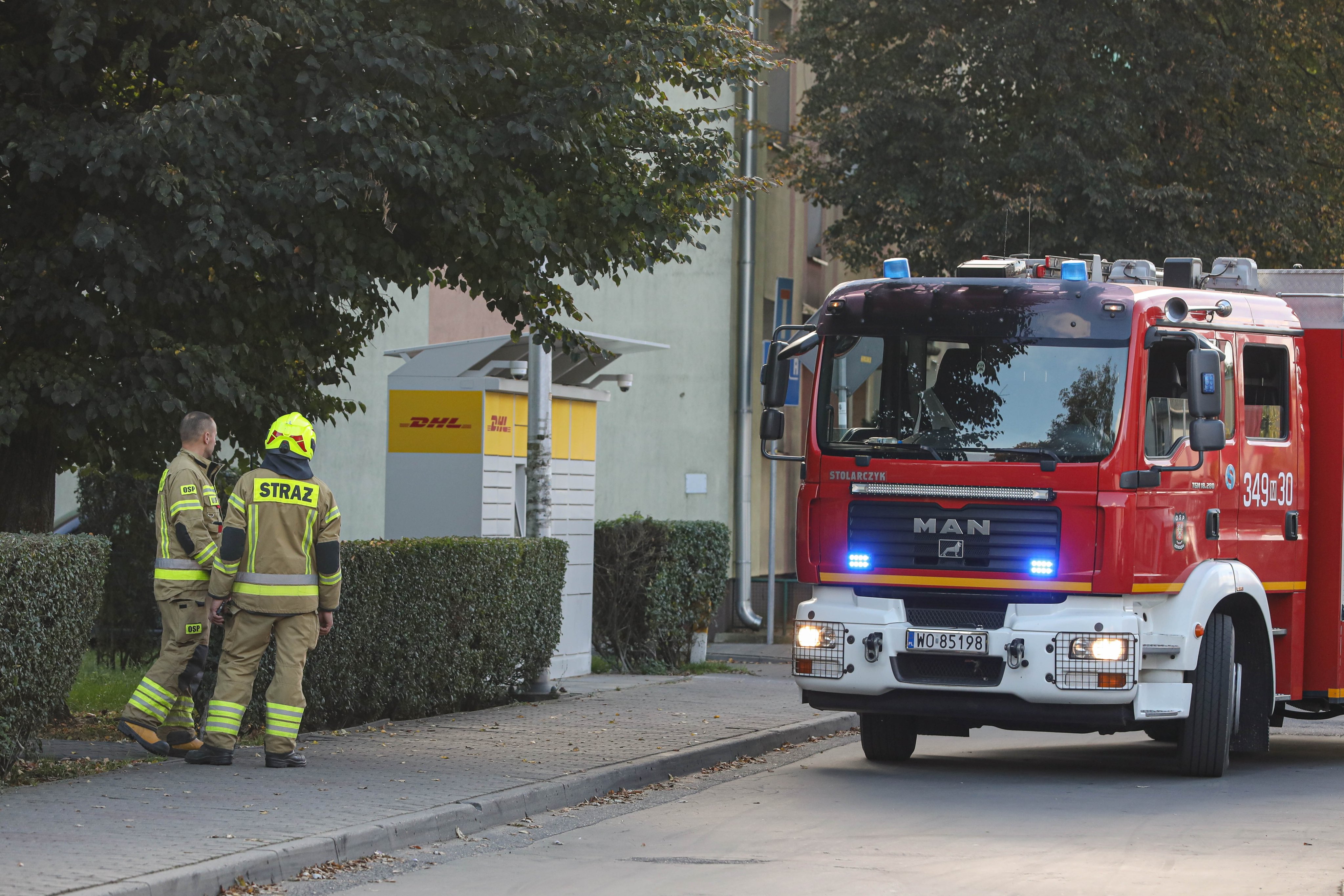 Emergency services at the scene of a knife attack at the Adam Chetnik Vocational School Complex No. 4 in Ostroleka, Poland, on Wednesday. Photo: EPA