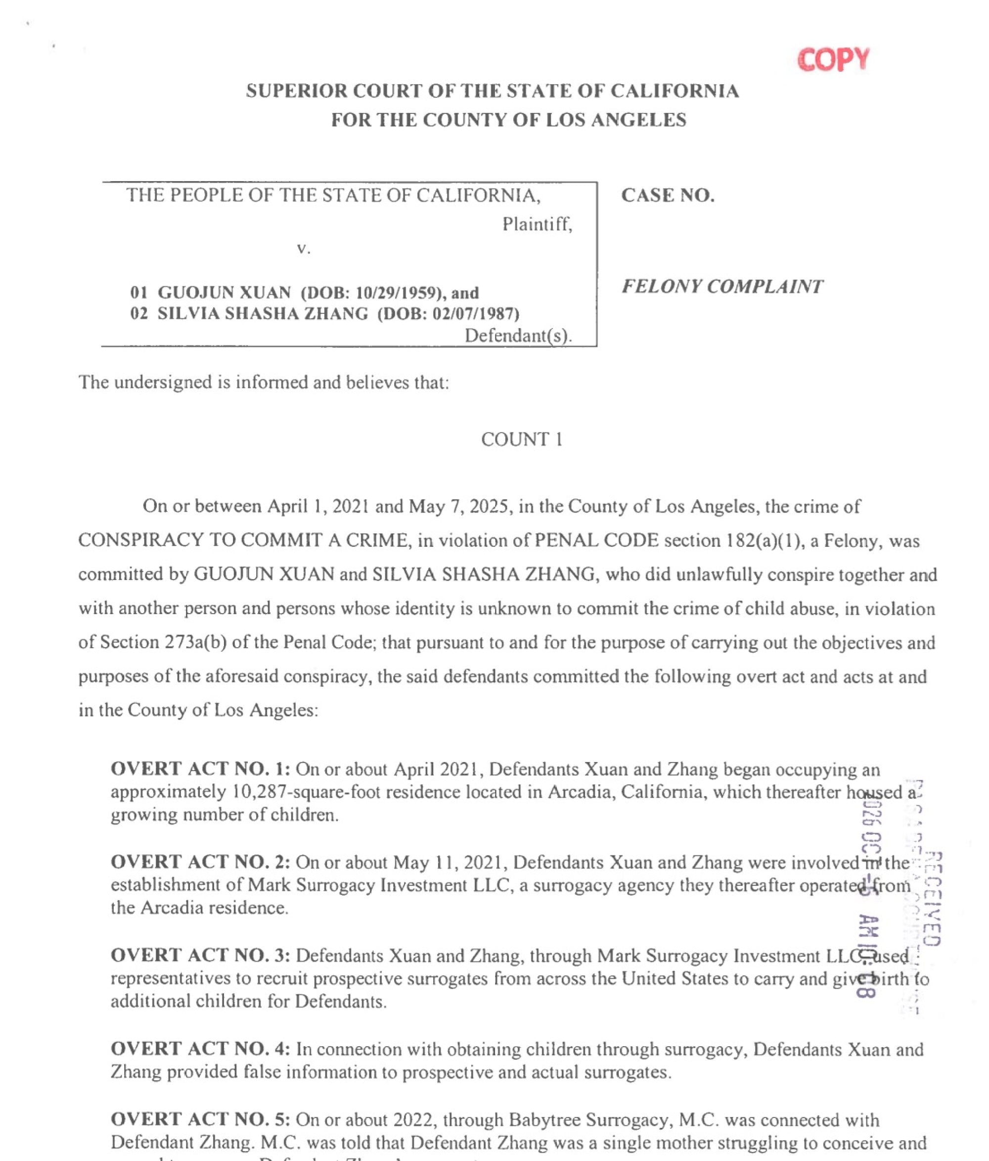 The complaint says Guojun Xuan and Silvia Zhang lived in an around 10,287-square-foot residence in Arcadia, California. Photo: LA County District Attorney’s Office