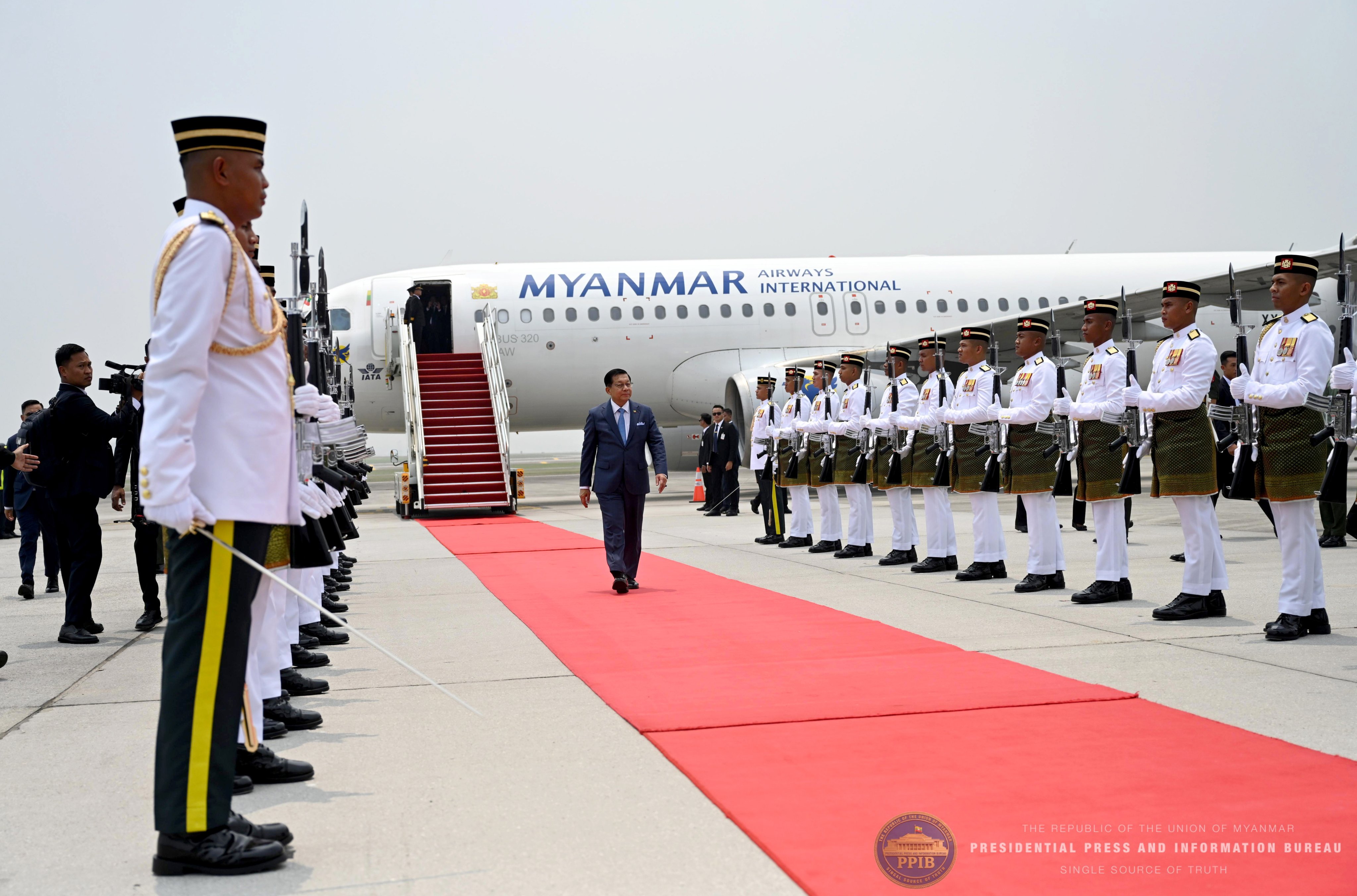 Myanmar President Min Aung Hlaing arrives at Kuala Lumpur International Airport in Malaysia on Wednesday. Photo: EPA/Myanmar Presidential Press and Information Bureau