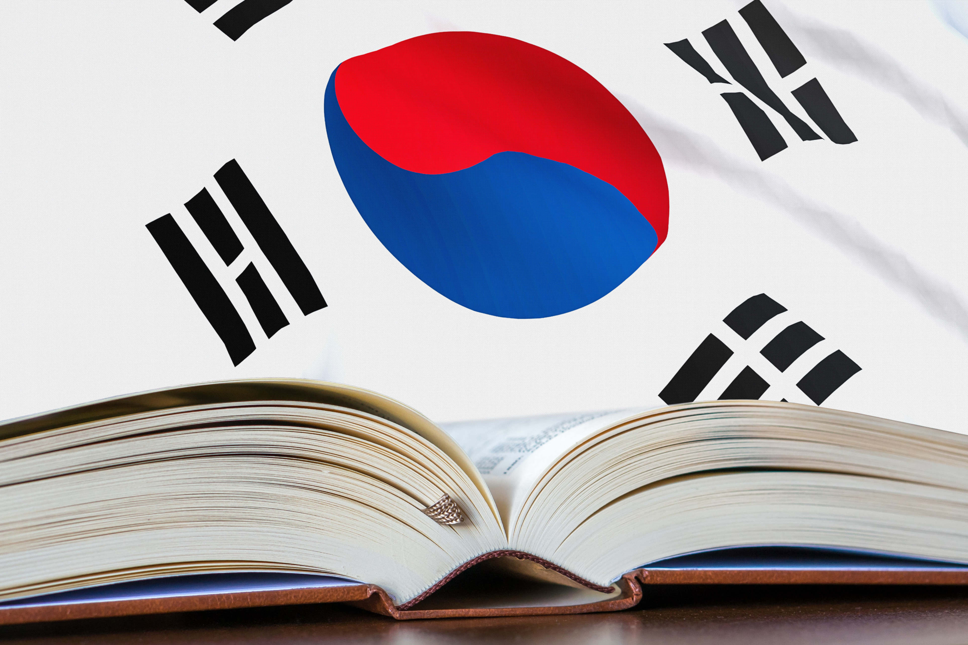 Education in South Korea. Opened book and national flag on background. 3D rendered illustration.