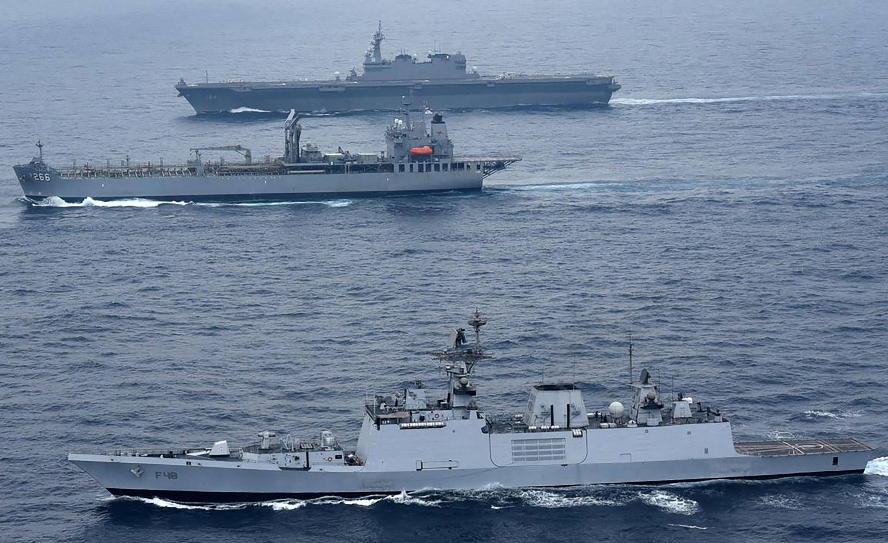 Ships sailing in the Bay of Bengal in the Indian Ocean as part of the 2020 Malabar naval exercise involving India, the US, Australia and Japan. Photo: Indian Navy/AFP