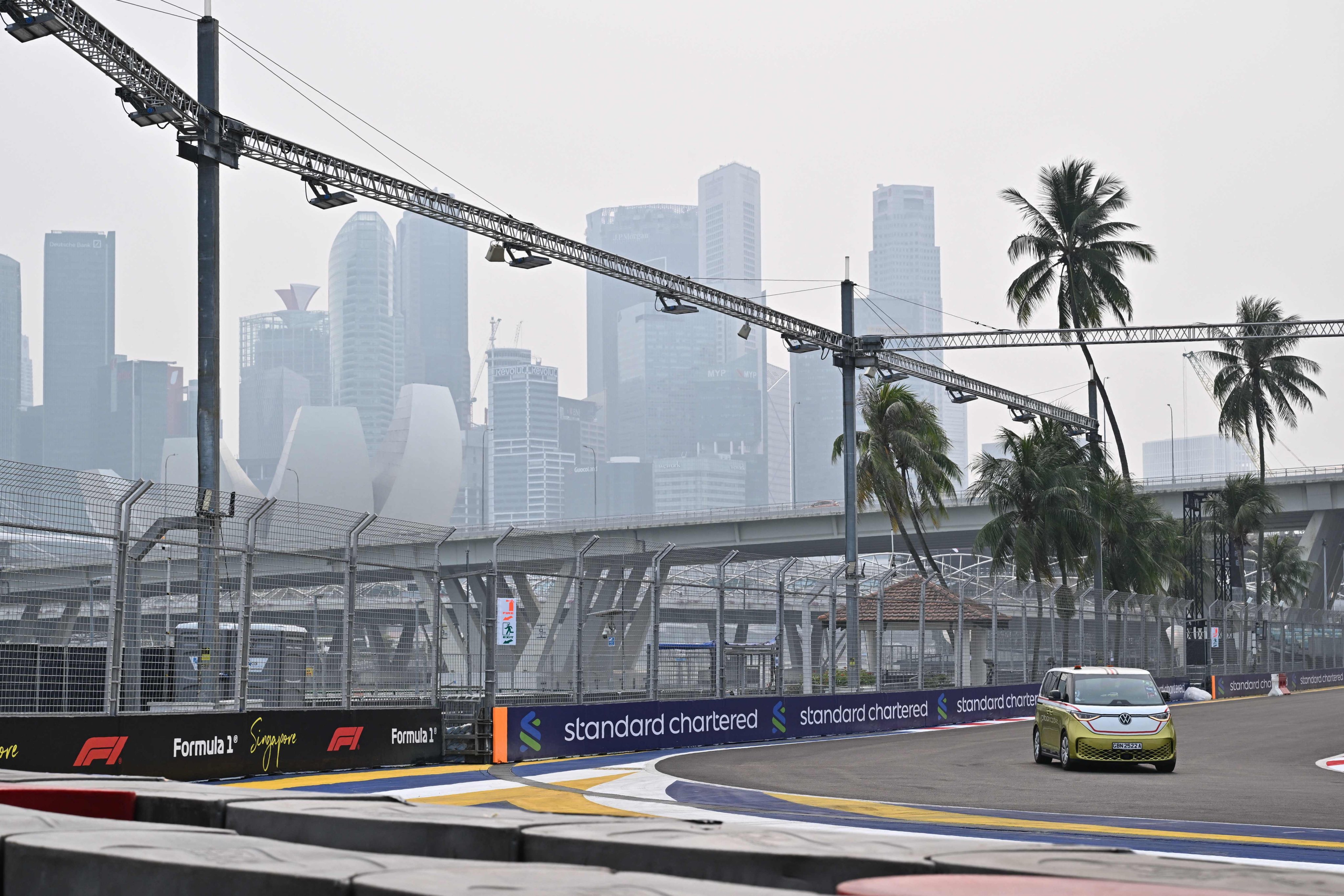Air pollution seen across the CBD skyline as people prepare the street circuit for this weekend's Formula 1 Singapore Grand Prix sprint and night race. Photo: AFP