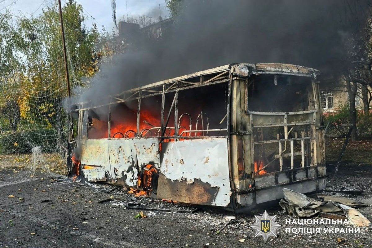 A bus burns following a Russian air strike in the city of Kramatorsk, in Donetsk region, Ukraine, on Thursday. Photo: Press service of the National Police of Ukraine/Handout via Reuters