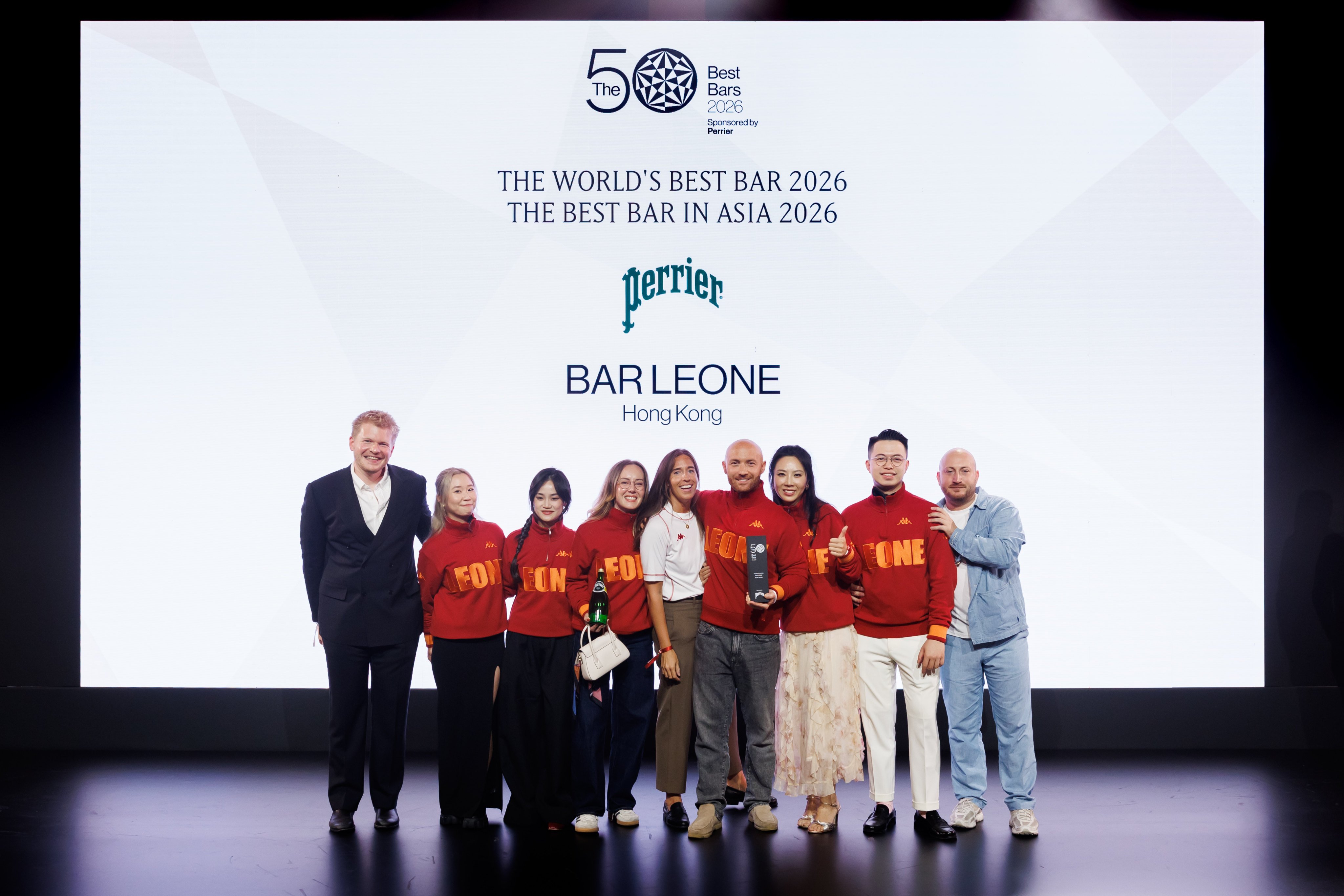 The Bar Leone team, including co-founder Lorenzo Antinori (fourth from right), accept the World’s Best Bar 2026 award. Photo: The 50 Best Bars