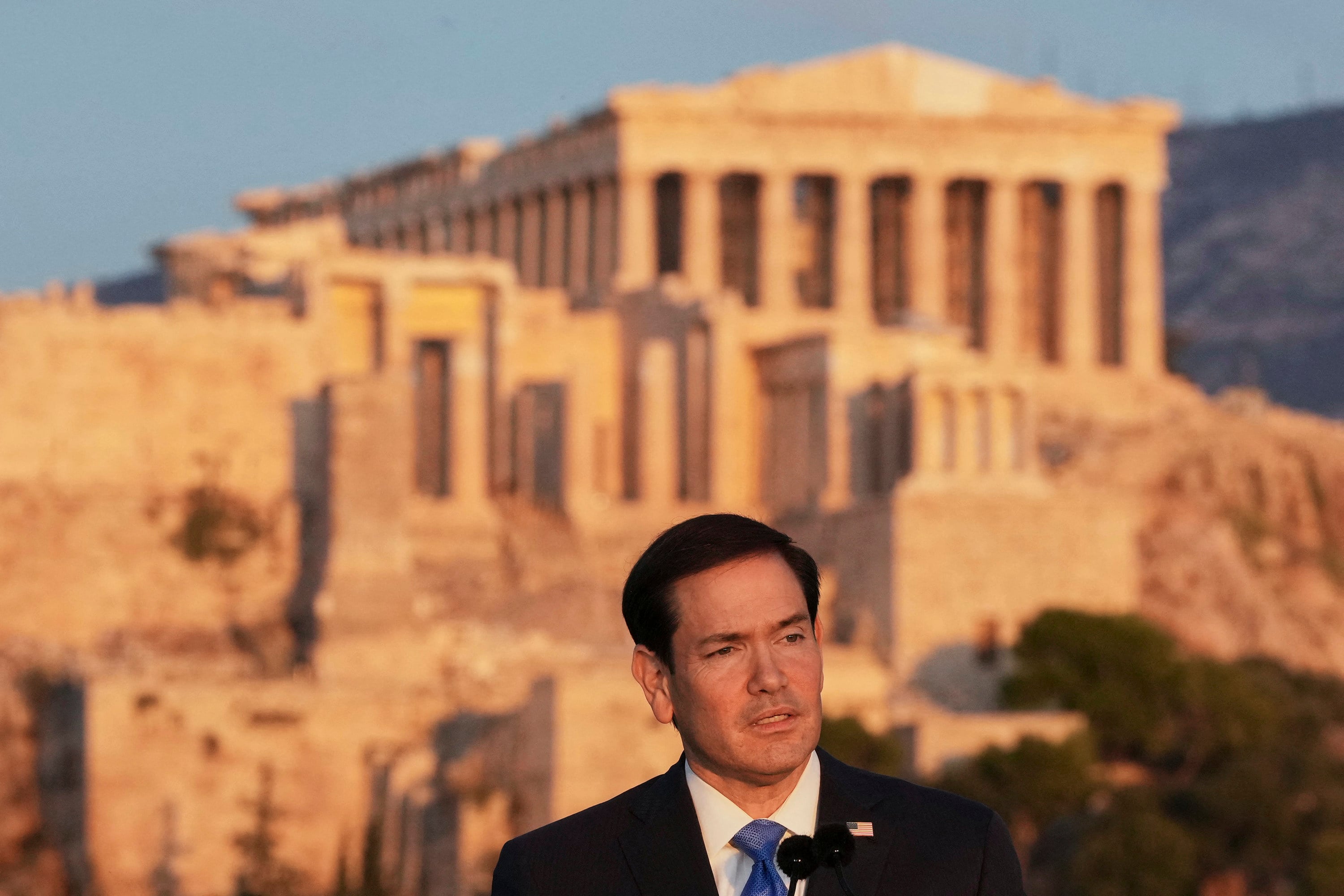US Secretary of State Marco Rubio speaks at Pnyx hill on Wednesday, with the ancient Parthenon temple atop the Acropolis seen in the background. Photo: TNS