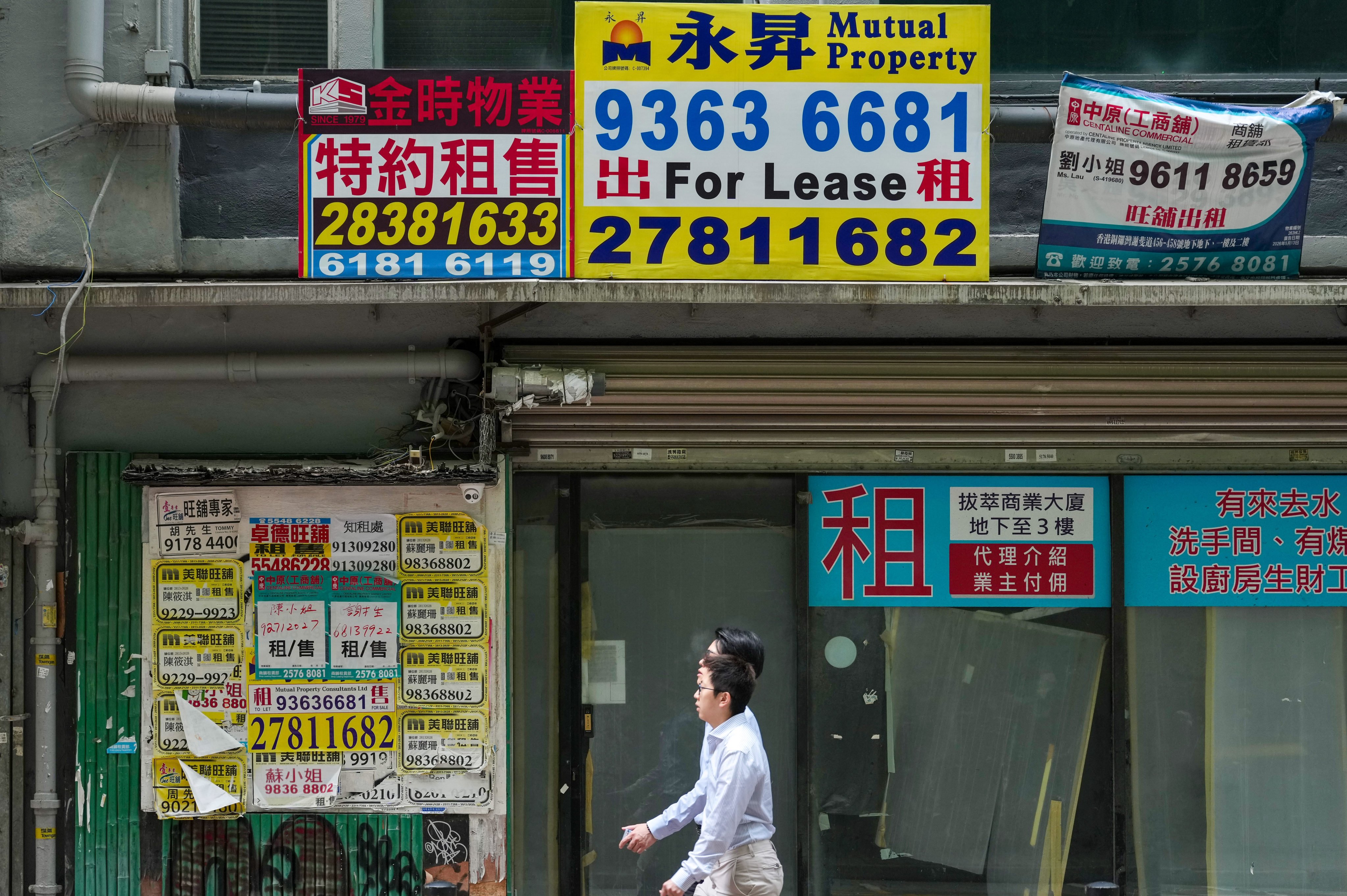 A vacant shop on Jaffe Road, Causeway Bay, plastered with “for lease” signs last month. Photo: Karma Lo