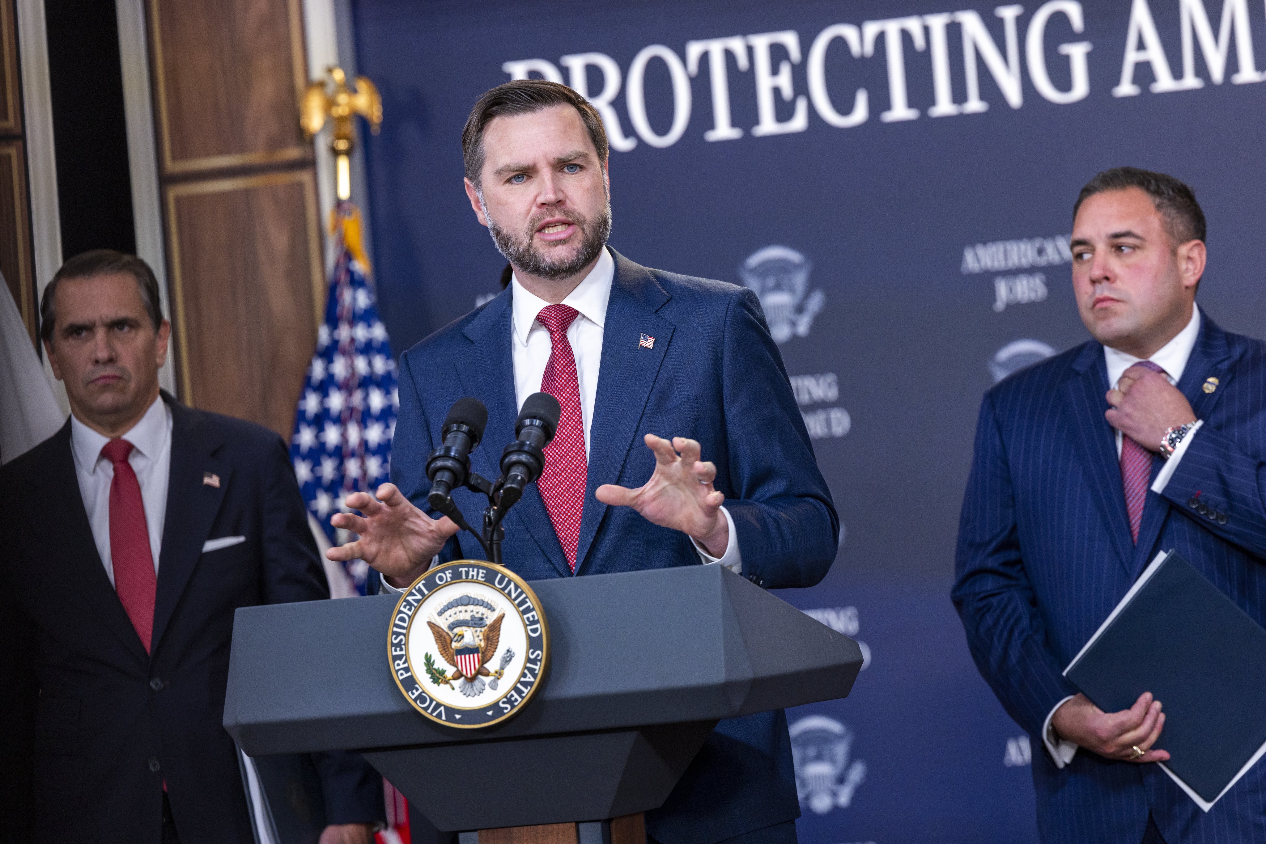 US Vice-President J.D. Vance speaks at a White House press conference on Thursday announcing investigations into nine universities over alleged visa fraud. Photo: EPA