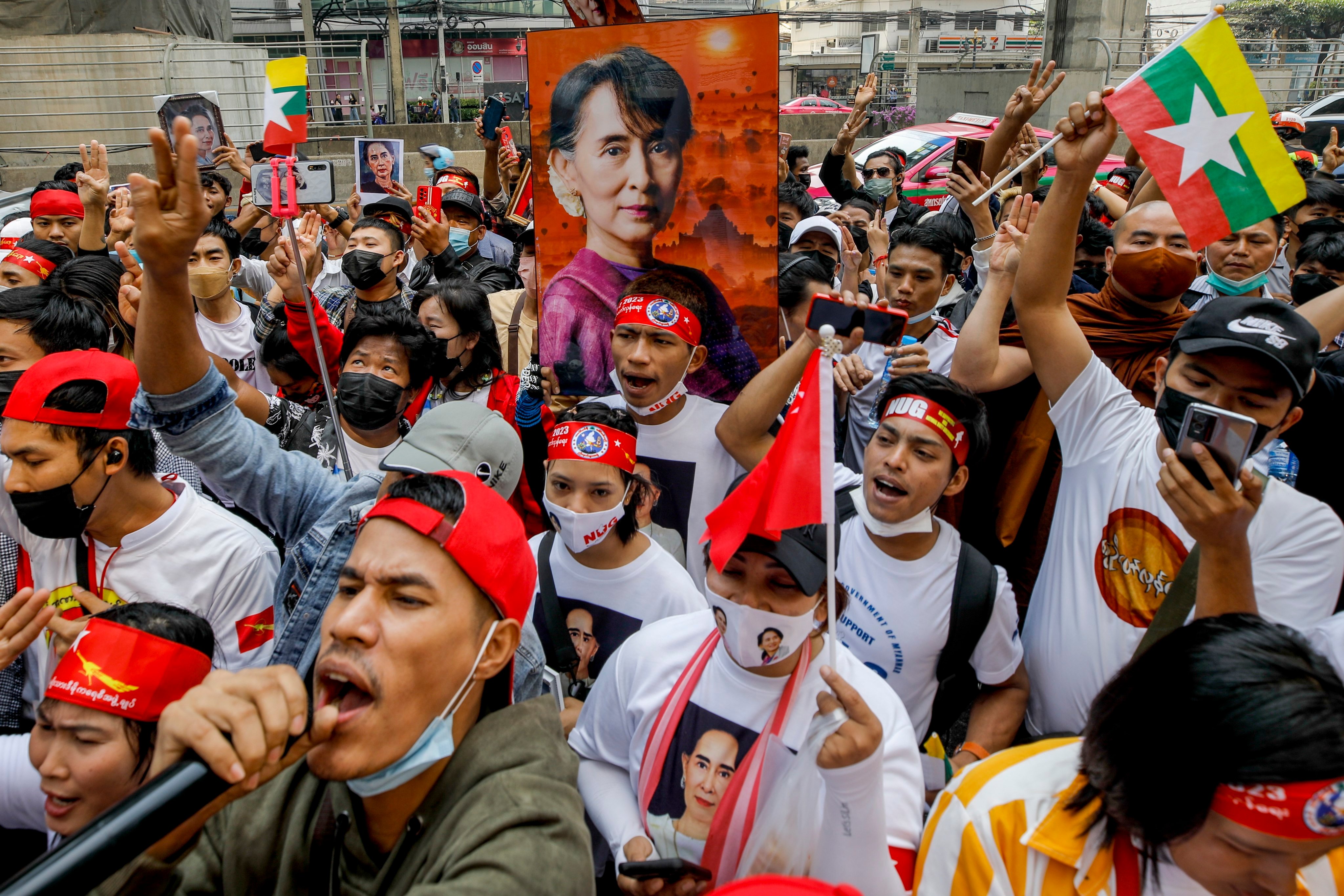 Myanmar nationals protest outside the Myanmar embassy in Bangkok, Thailand, in 2023. Photo: EPA