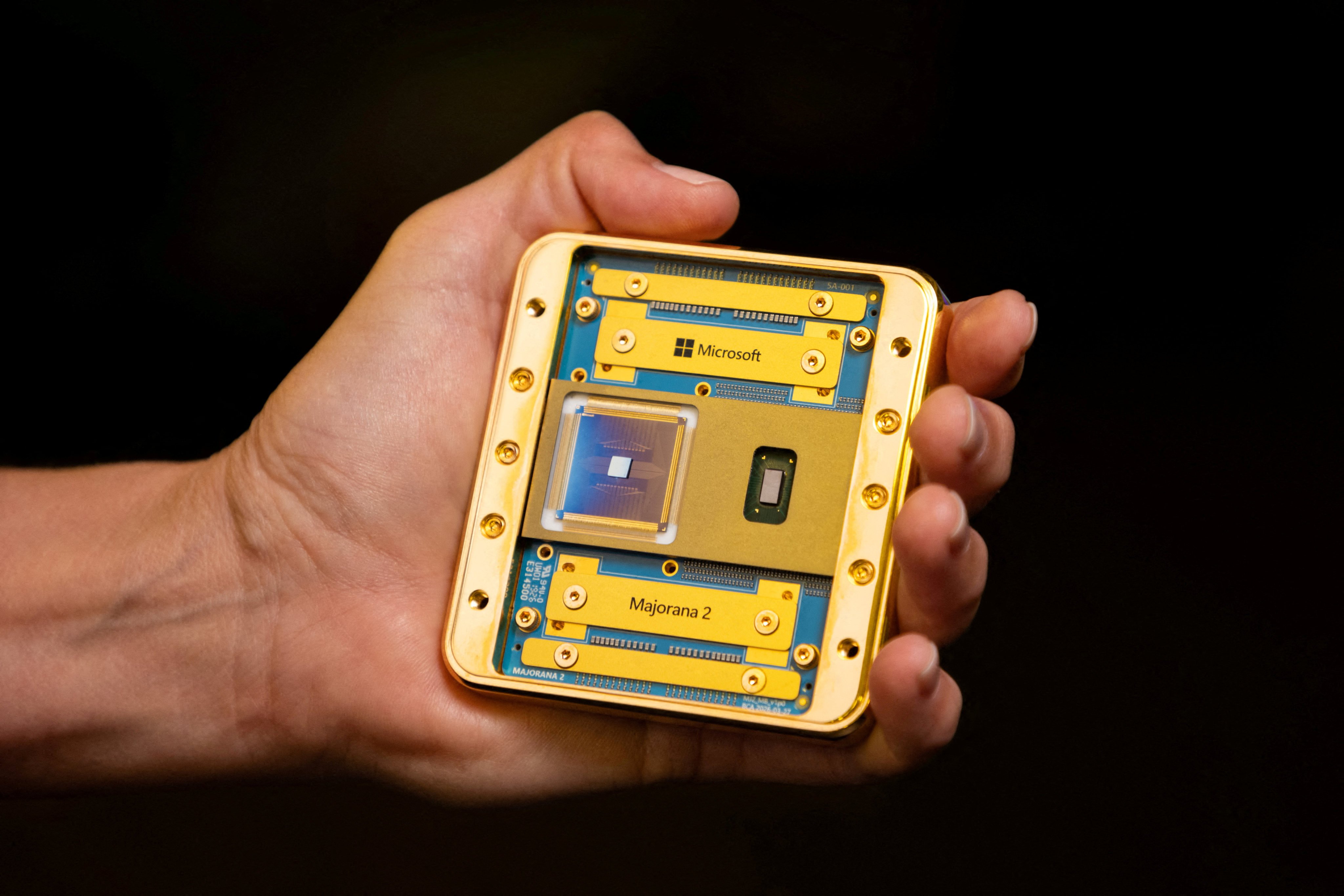 Microsoft’s Majorana 2 quantum computing chip. The company is among those selected for the latest stage of a Pentagon programme to test advanced quantum computing technologies. Photo: Reuters