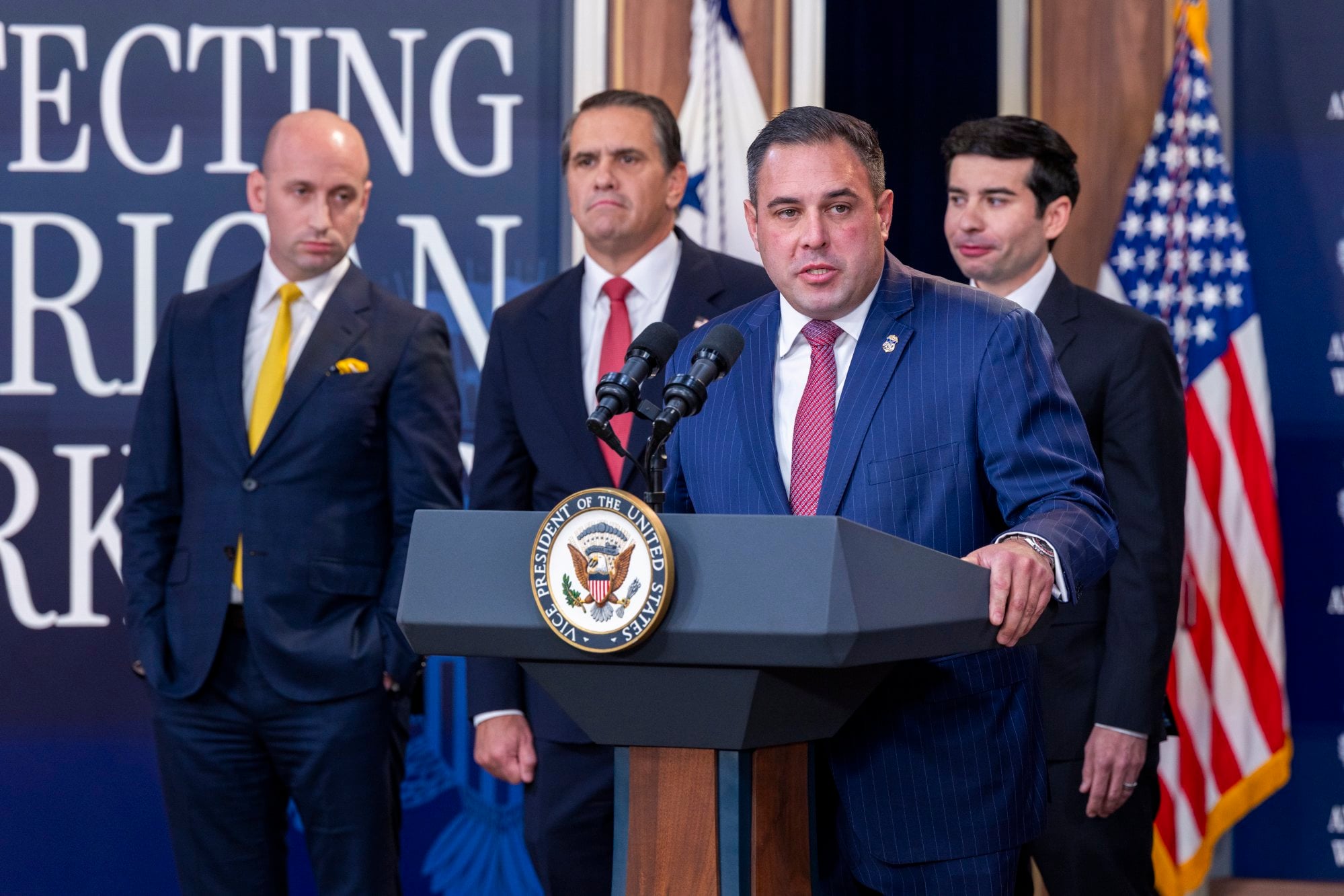 US Department of Labor Inspector General Anthony D’Esposito warns that China is targeting American technology and intellectual property during a White House press conference on Thursday. Photo: EPA