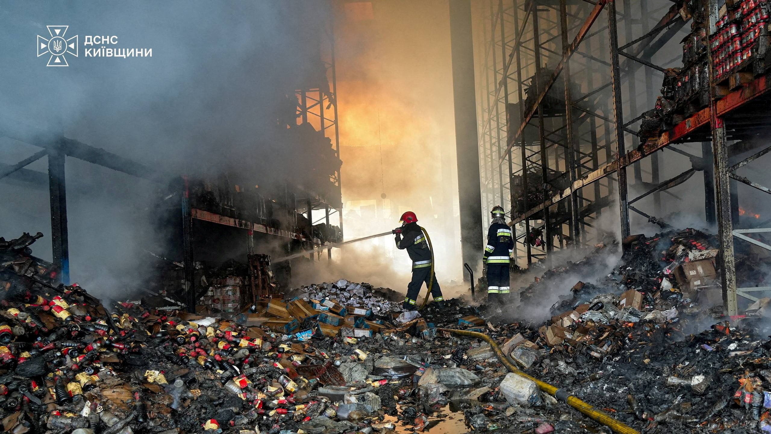 A destroyed warehouse in the Kyiv region. Photo: State Emergency Service of Ukraine in Kyiv region via Reuters