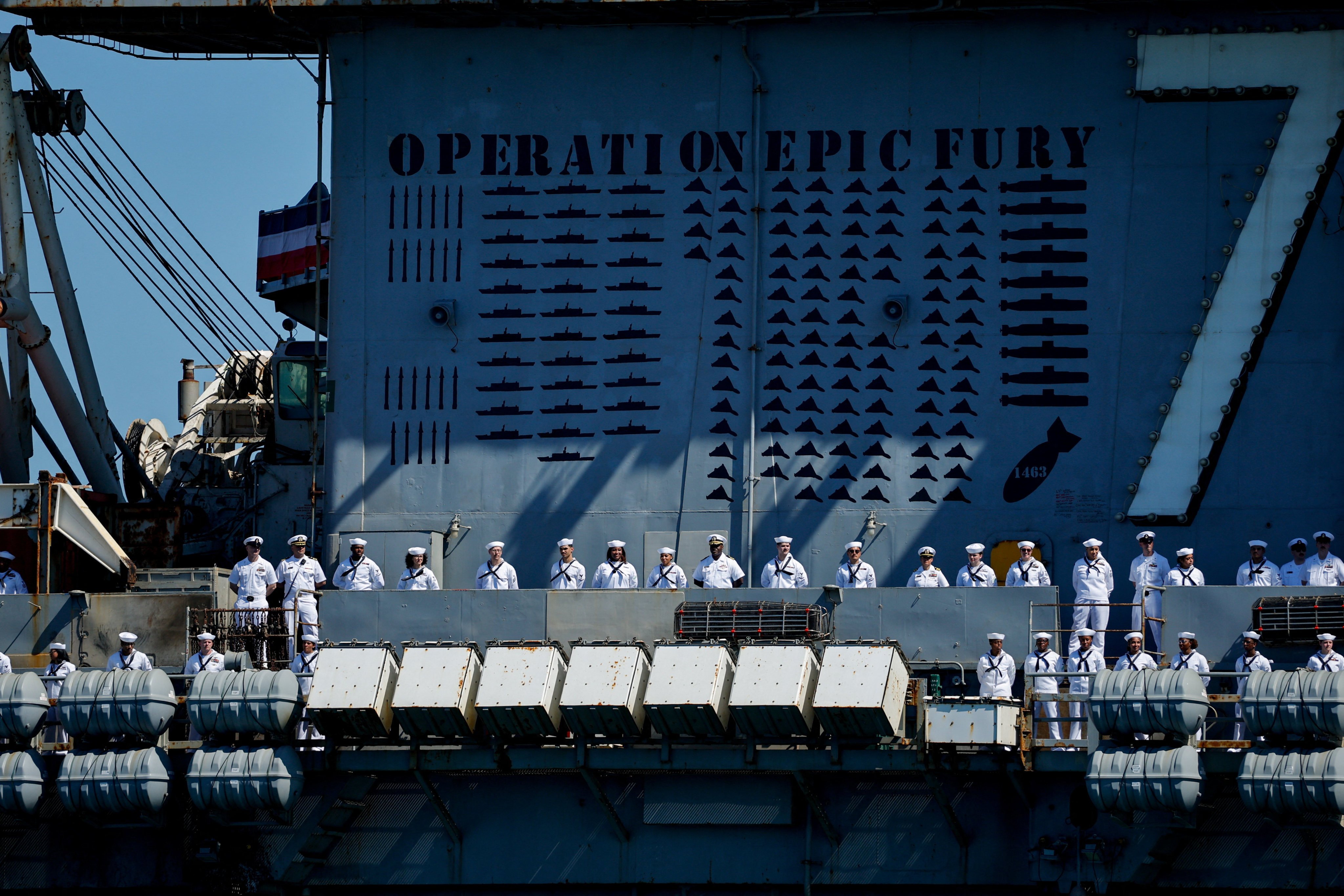 The USS Abraham Lincoln's combat mission tally marks. Photo: Reuters