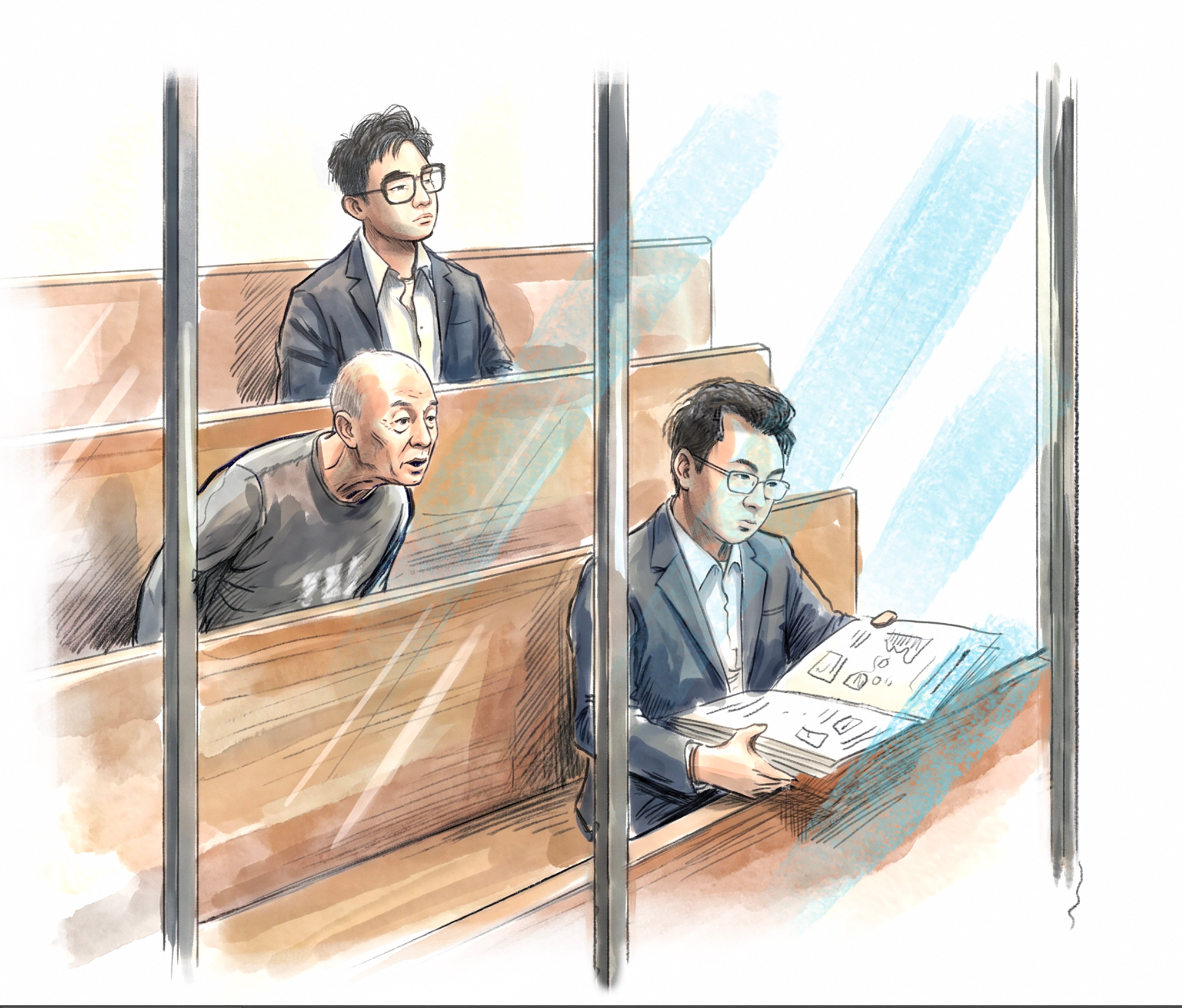 Abby Choi’s ex-husband Alex Kwong (top), his father Kwong Kau (left) and brother Anthony Kwong in court. Illustration: Victor Sanjinez