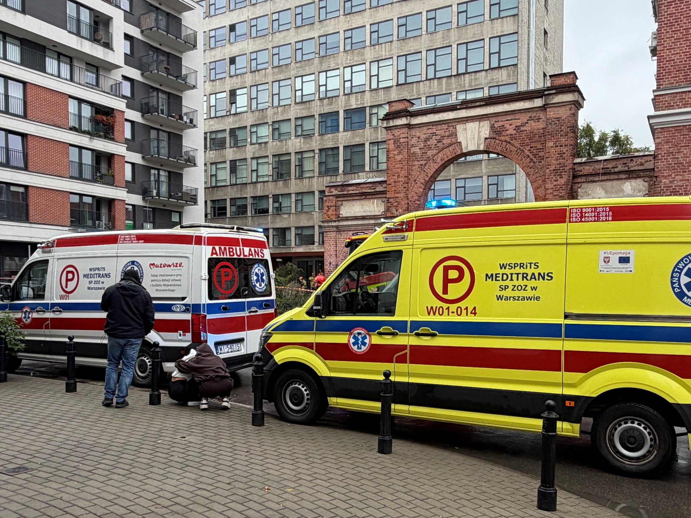 Ambulances stand outside a TEB Edukacja post-secondary school building following a knife attack on Minska Street in Warsaw, Poland, on Saturday. Photo: via Reuters