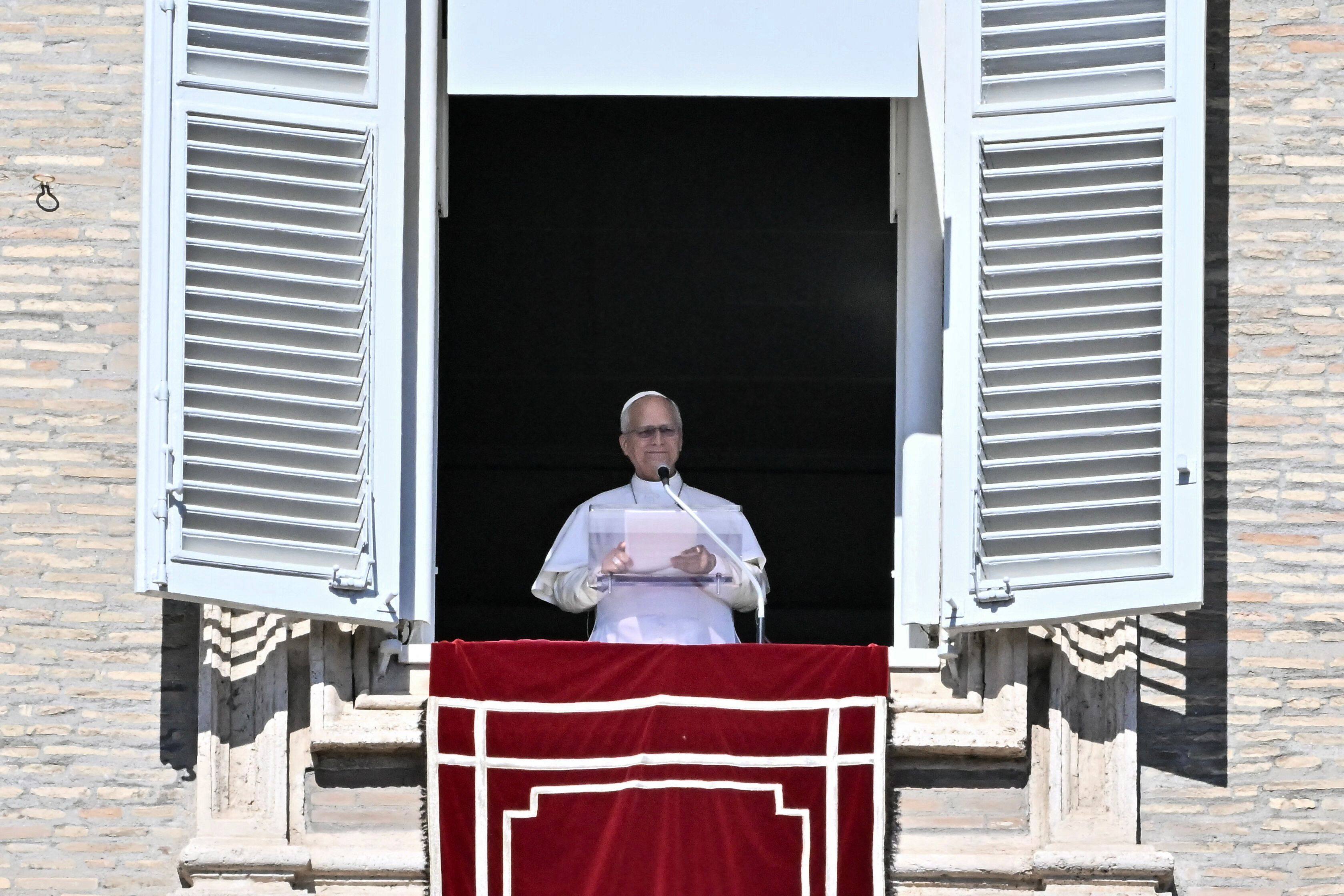 Pope Leo delivers his address during the Angelus prayer from the window of the Apostolic Palace overlooking St. Peter’s Square in the Vatican, on Sunday. The Vatican press ‌office said ‌his recovery from surgery was expected to take about a week Photo: AFP