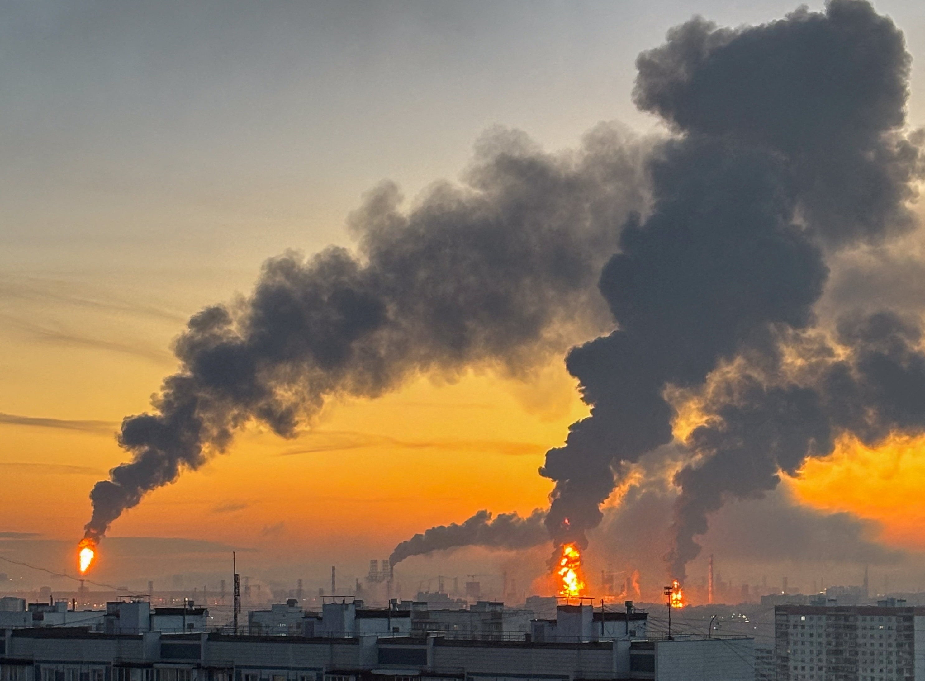 Plumes of smoke rise from fires at an oil refinery following what the authorities say is a Ukrainian drone strike in Moscow, Russia, in September. Photo: Reuters