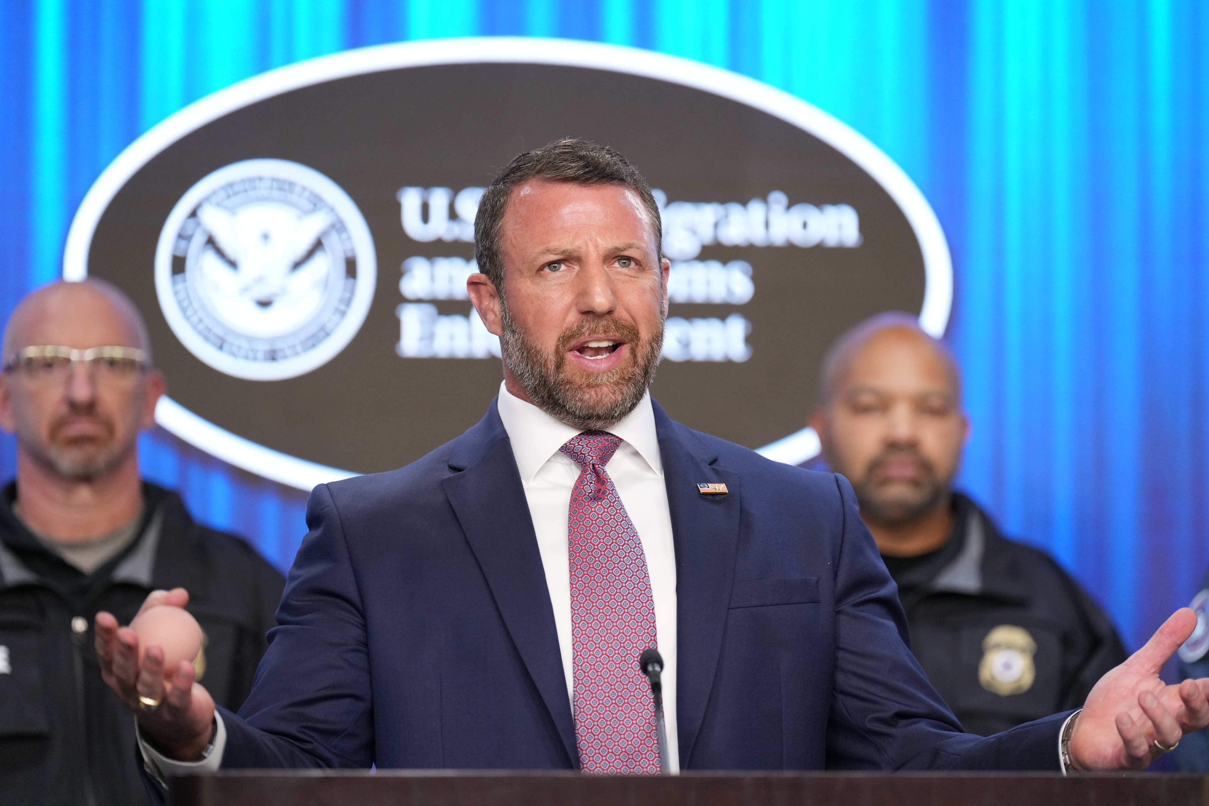 US Homeland Security chief Markwayne Mullin, speaks at ICE Headquarters in Washington on Friday. Photo: AP