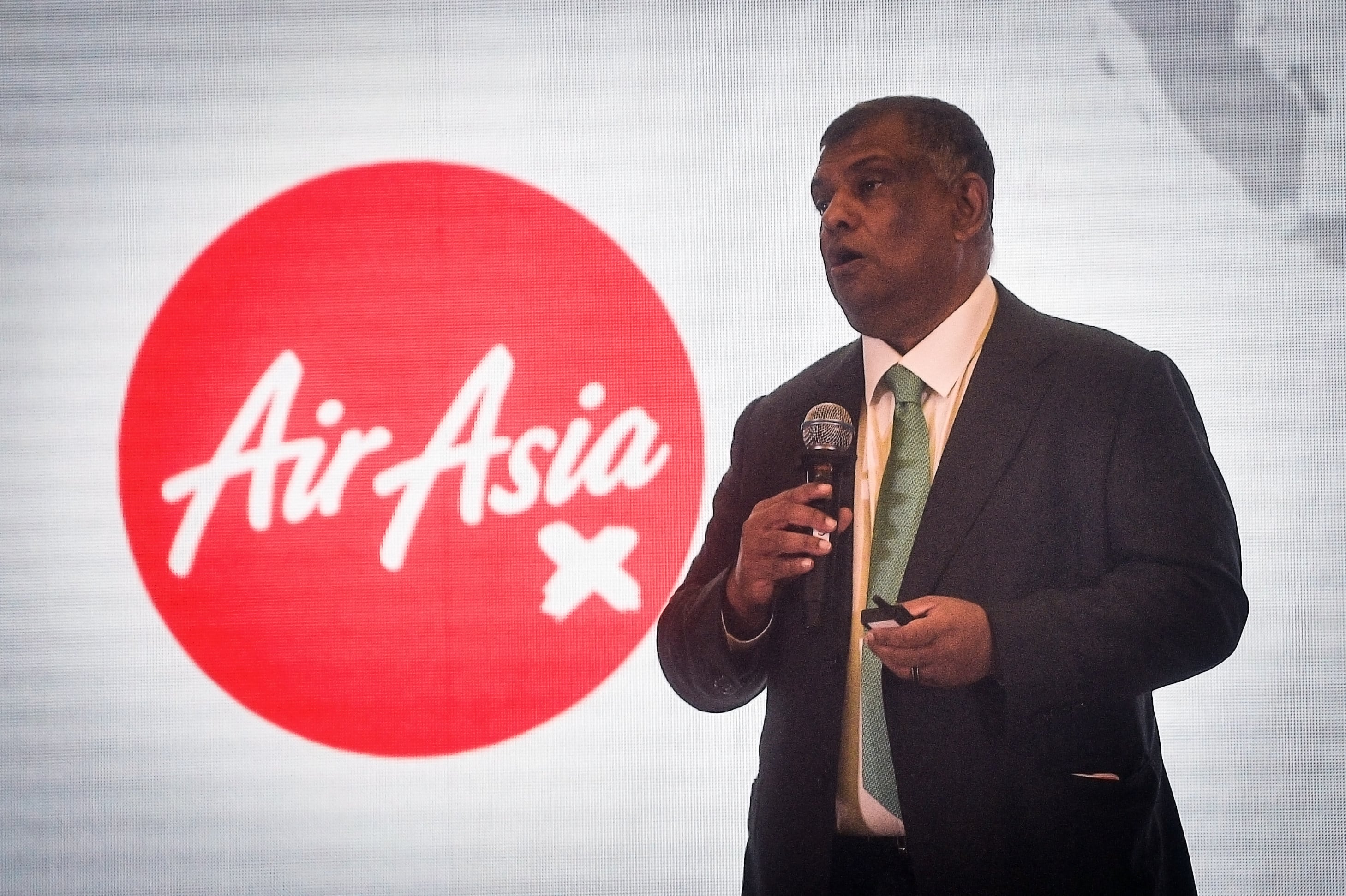 Tony Fernandes delivers a speech at an AirAsia event in Kuala Lumpur, Malaysia, in 2024. Photo: AFP