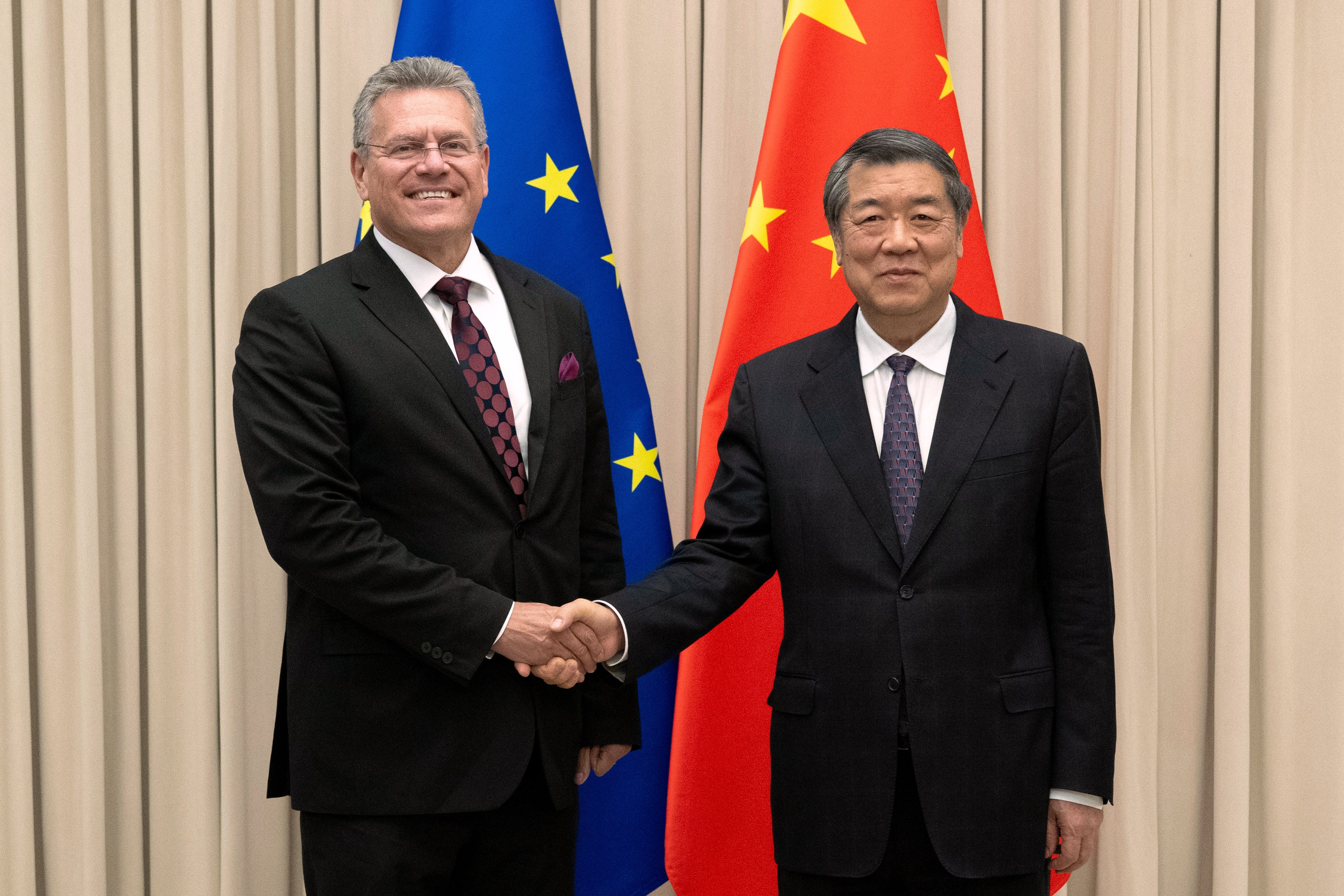 Chinese Vice-Premier He Lifeng (right) shakes hands with European Commissioner for Trade and Economic Security Maros Sefcovic prior to their meeting in Beijing on Friday. Photo: Xinhua